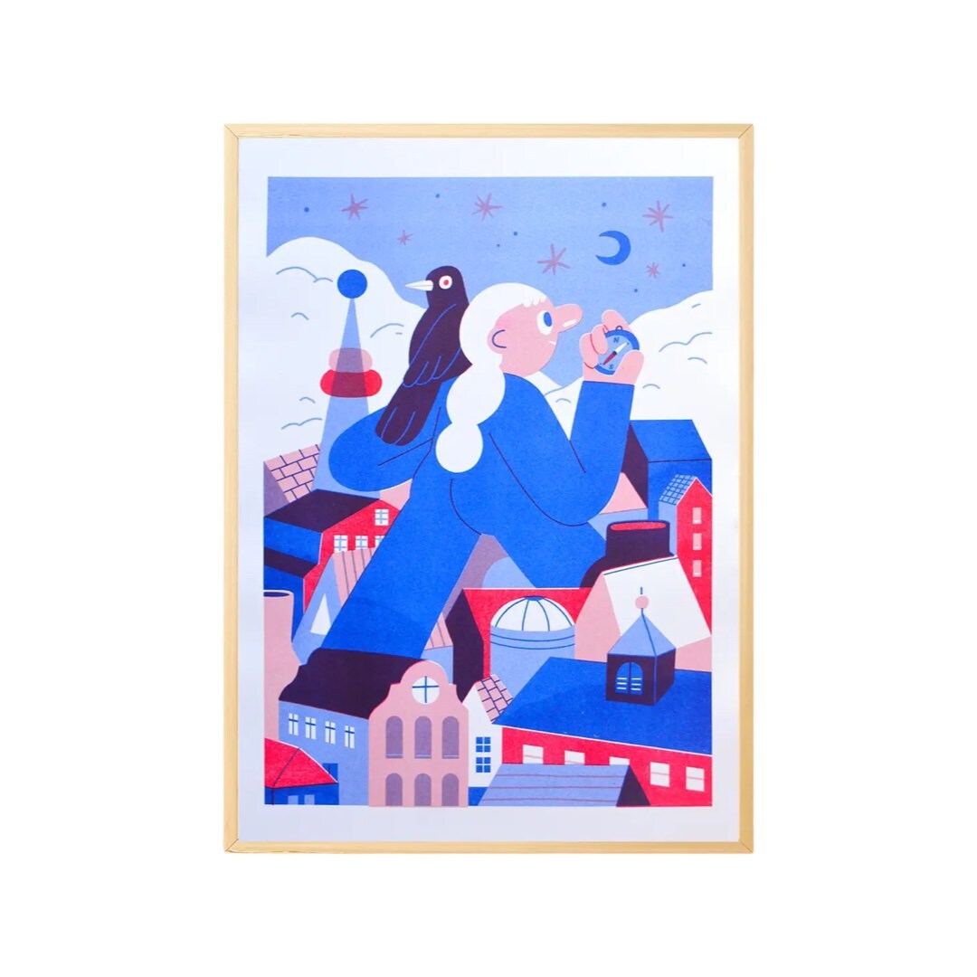 Print of a giant white-haired lady with a blackbird on her shoulder and a compass in her hand walking through a town, in blue, red and black