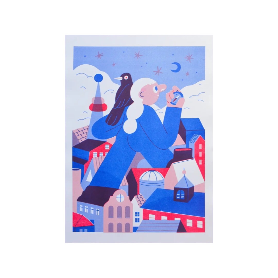 Print of a giant white-haired lady with a blackbird on her shoulder and a compass in her hand walking through a town, in blue, red and black.