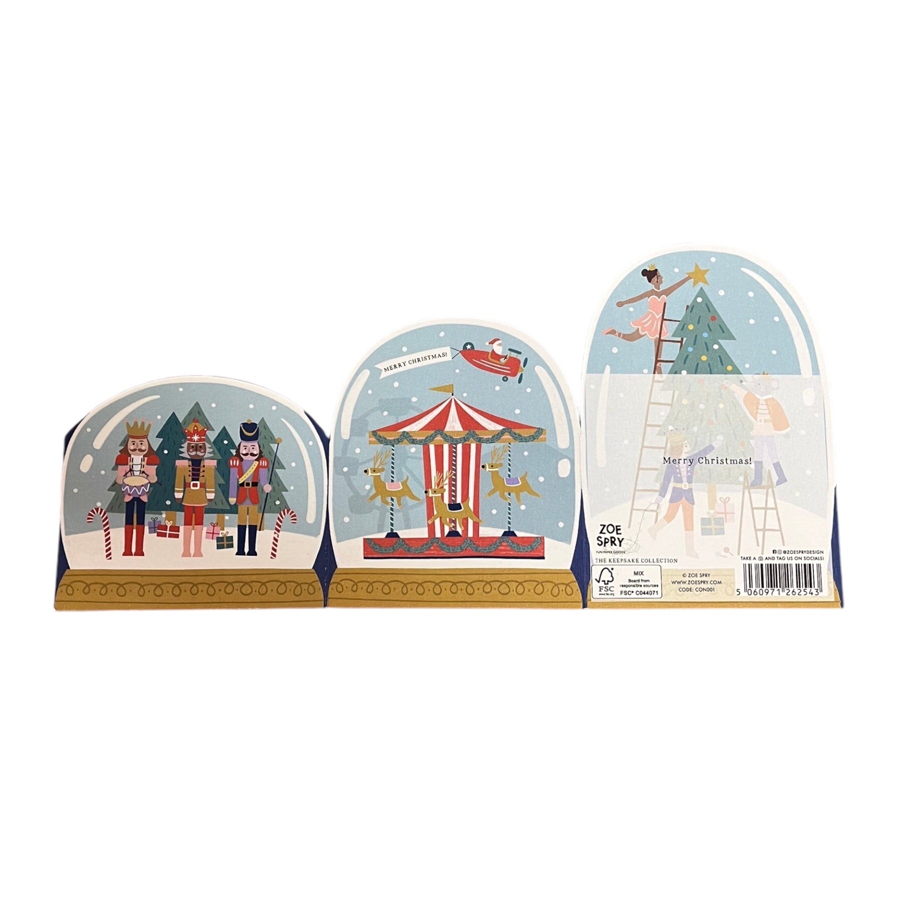 The back of a concertina card of three snow globes, including: nutcrackers, a reindeer carousel with Father Christmas in an aeroplane, and the Mouse King, Prince, and Sugarplum Fairy decorating a Christmas Tree. Text reads 'Merry Christmas'.