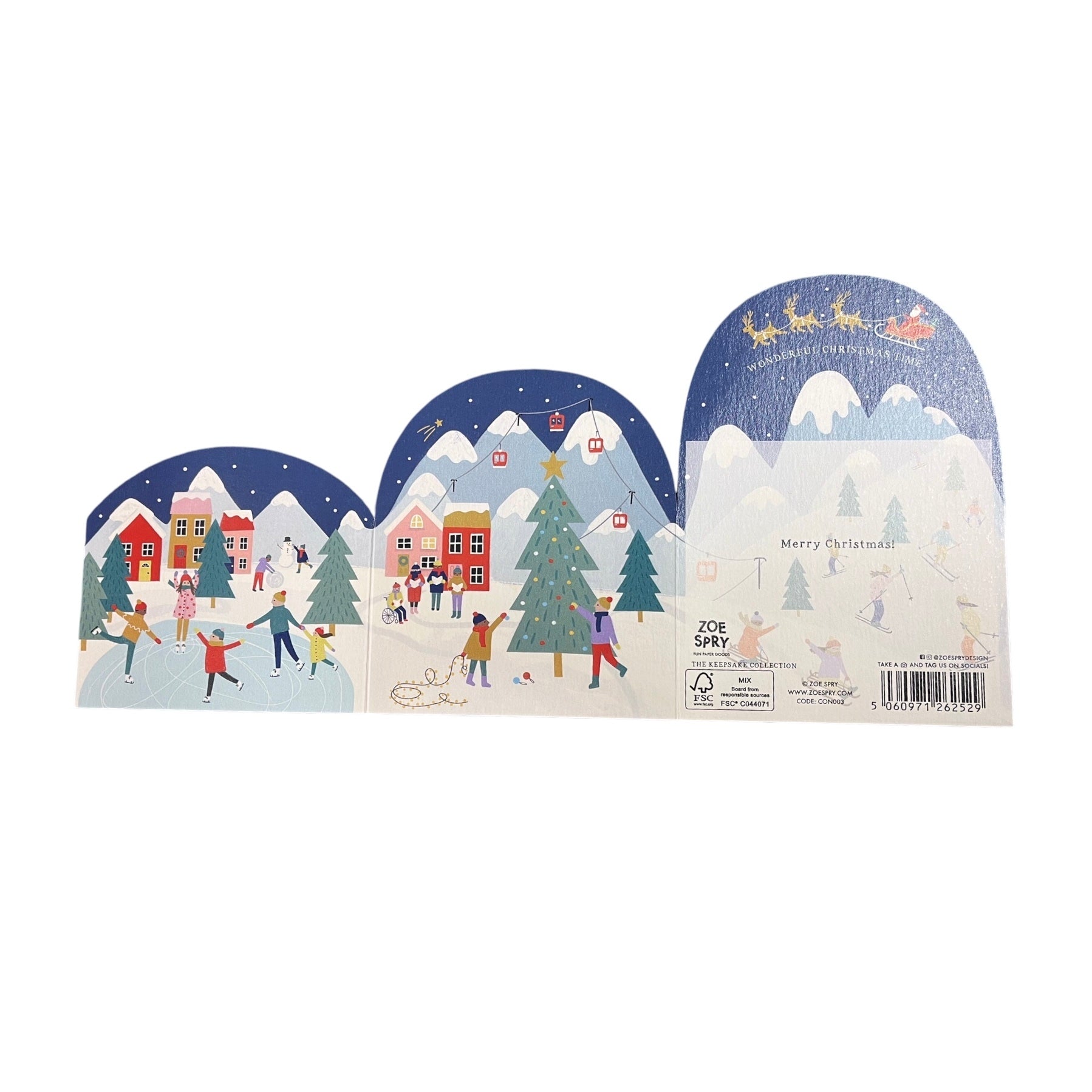 Back of Concertina card of a snowy Christmas village, with ice skating, skiing, a choir, and Father Christmas. Text reads 'Wonderful Christmas Time'.