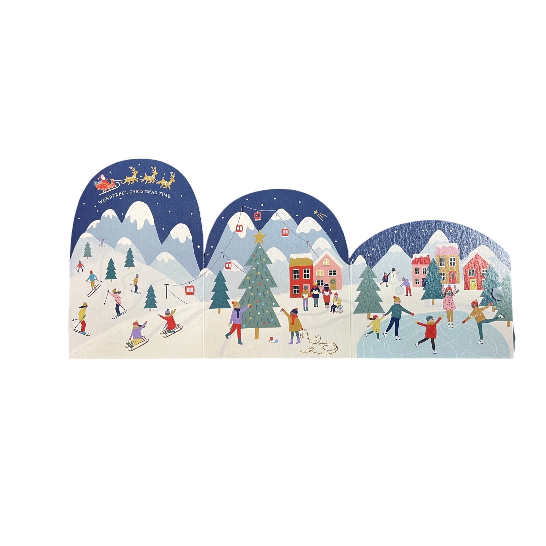 Concertina card of a snowy Christmas village, with ice skating, skiing, a choir, and Father Christmas. Text reads 'Wonderful Christmas Time'.