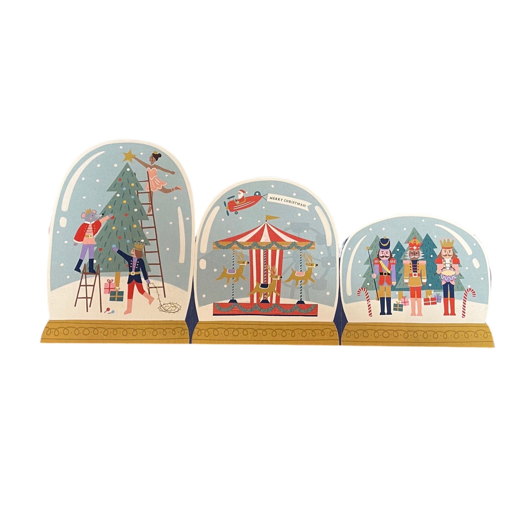 Front of a concertina card of three snow globes, including: nutcrackers, a reindeer carousel with Father Christmas in an aeroplane, and the Mouse King, Prince, and Sugarplum Fairy decorating a Christmas Tree. Text reads 'Merry Christmas'.