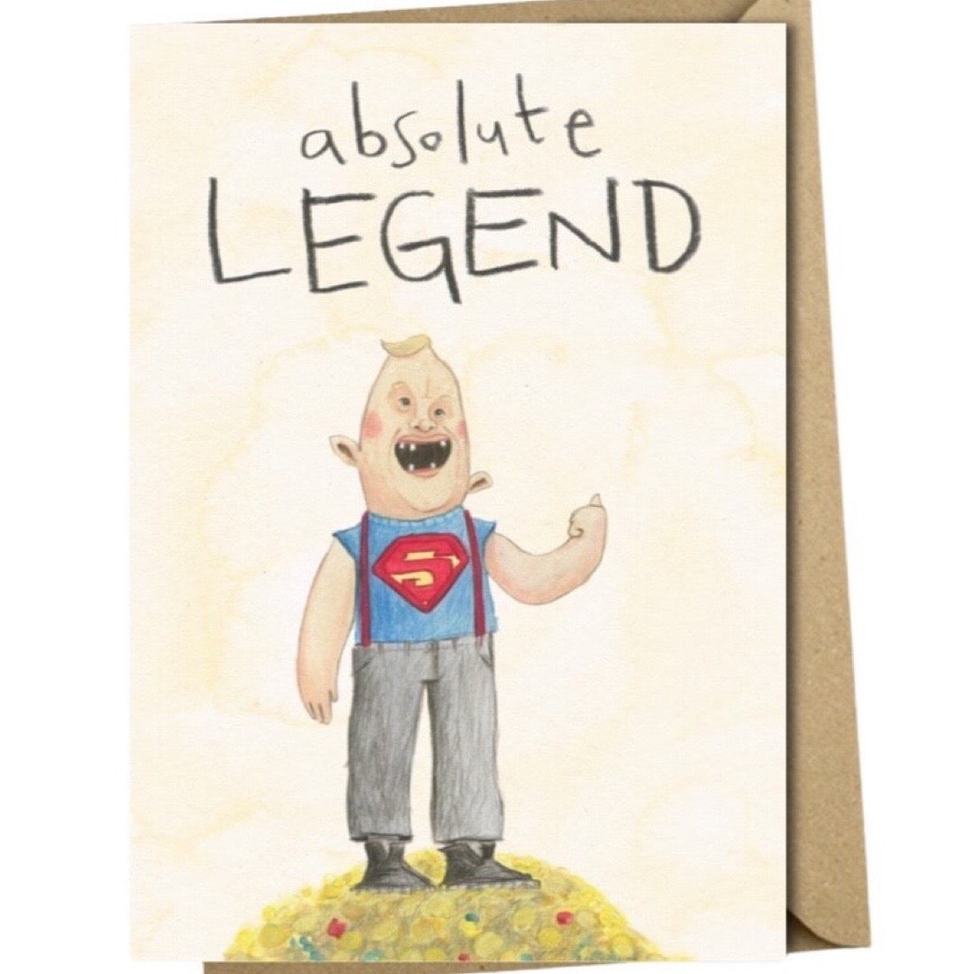 Congratulation well done card featuring an illustration of the gentle giant sloth from the cult film the goonies and the text absolute legend.