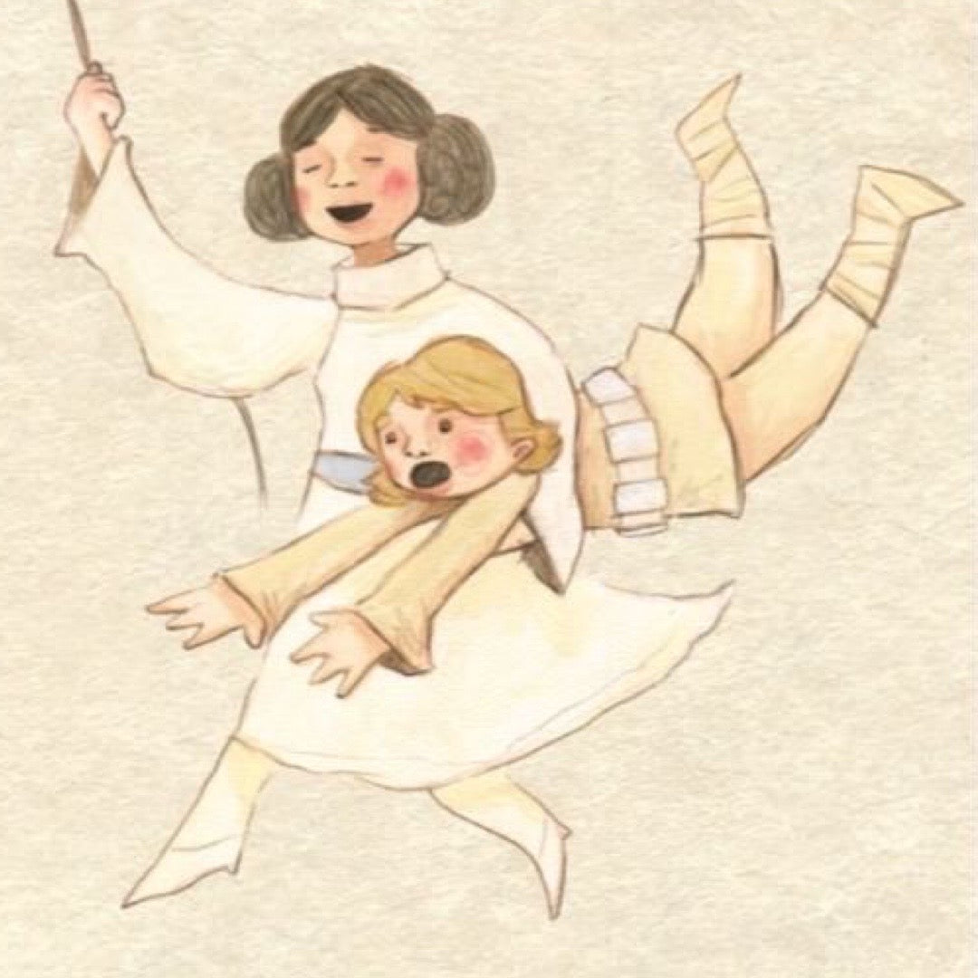 Congratulations / Well done card with an illustration of Princess Leia swinging through the air with Luke Skywalker under her arm.