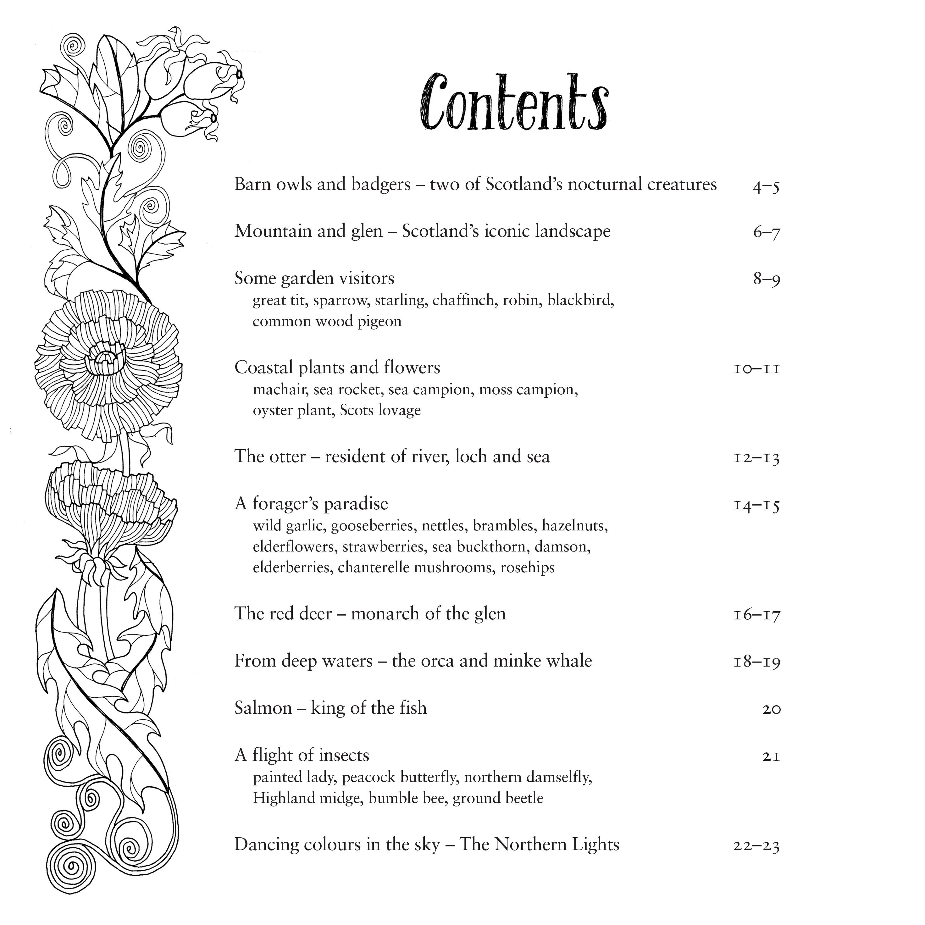 The contents page of the Scottish nature colouring book