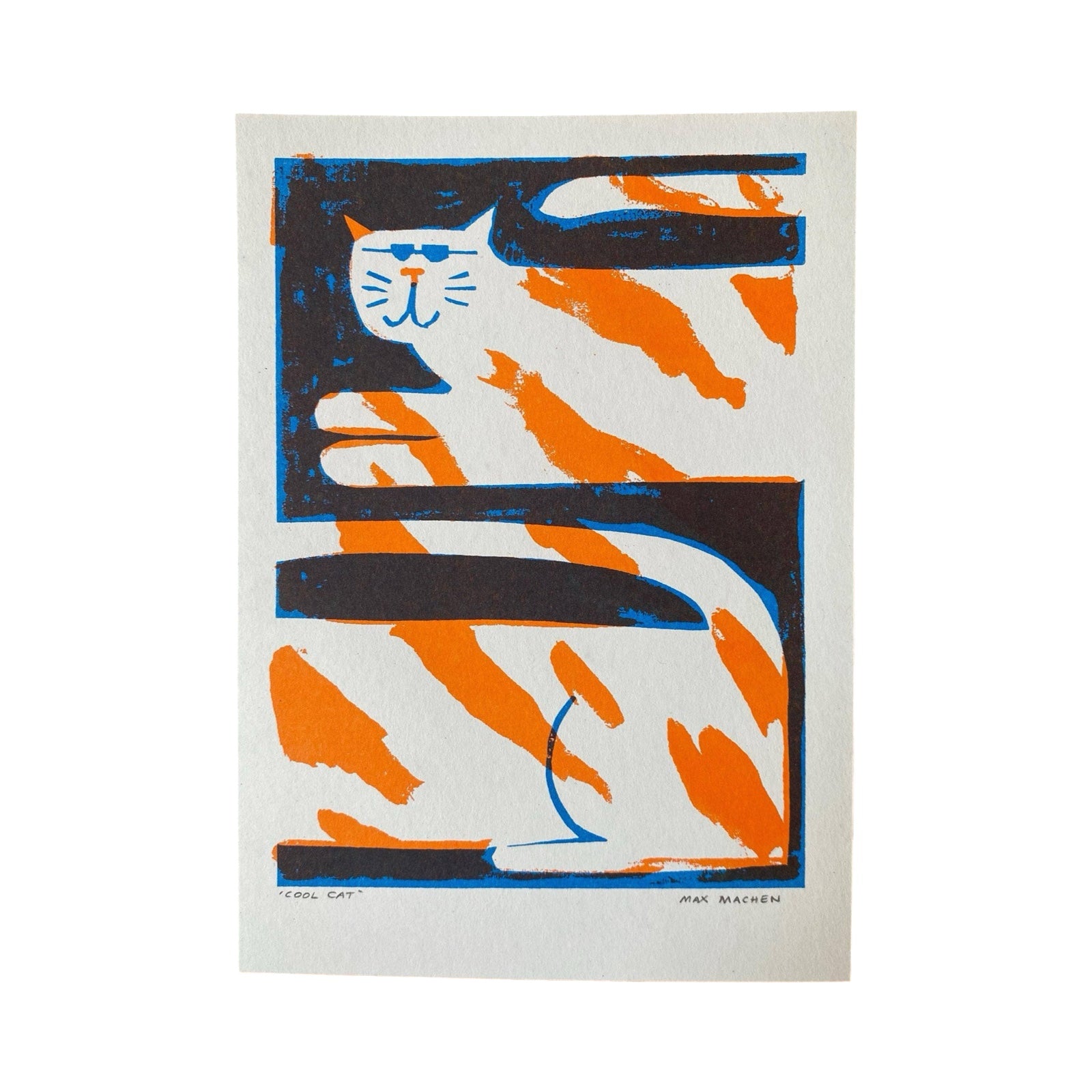 Two-colour risograph print featuring a ginger and white cat, against a black background.