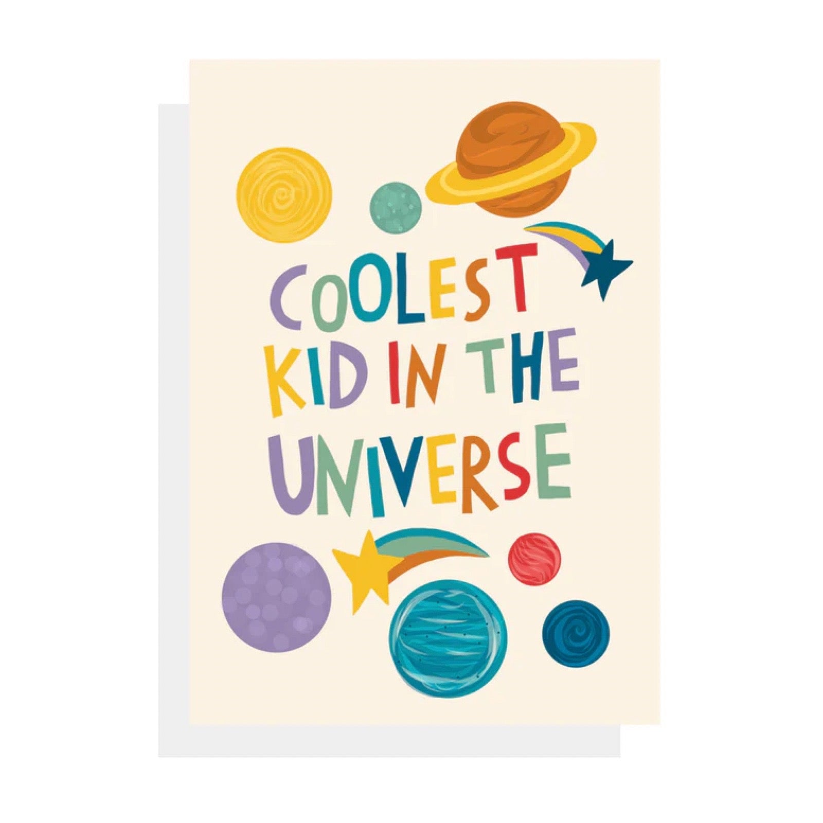 Colourful poster with space-themed design and 'Coolest Kid in the Universe' text on a beige background.