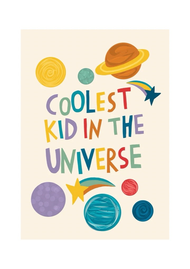 Children's poster with 'Coolest Kid in the Universe' text and space-themed graphics on a beige background.