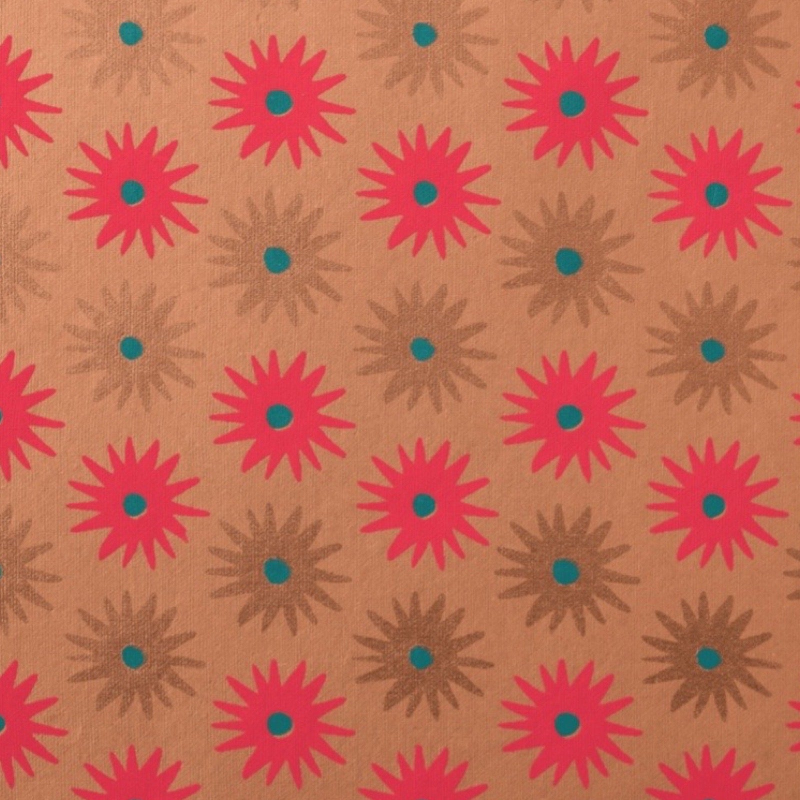 Pattern of pink and brown flowers with green centres on a brown background.