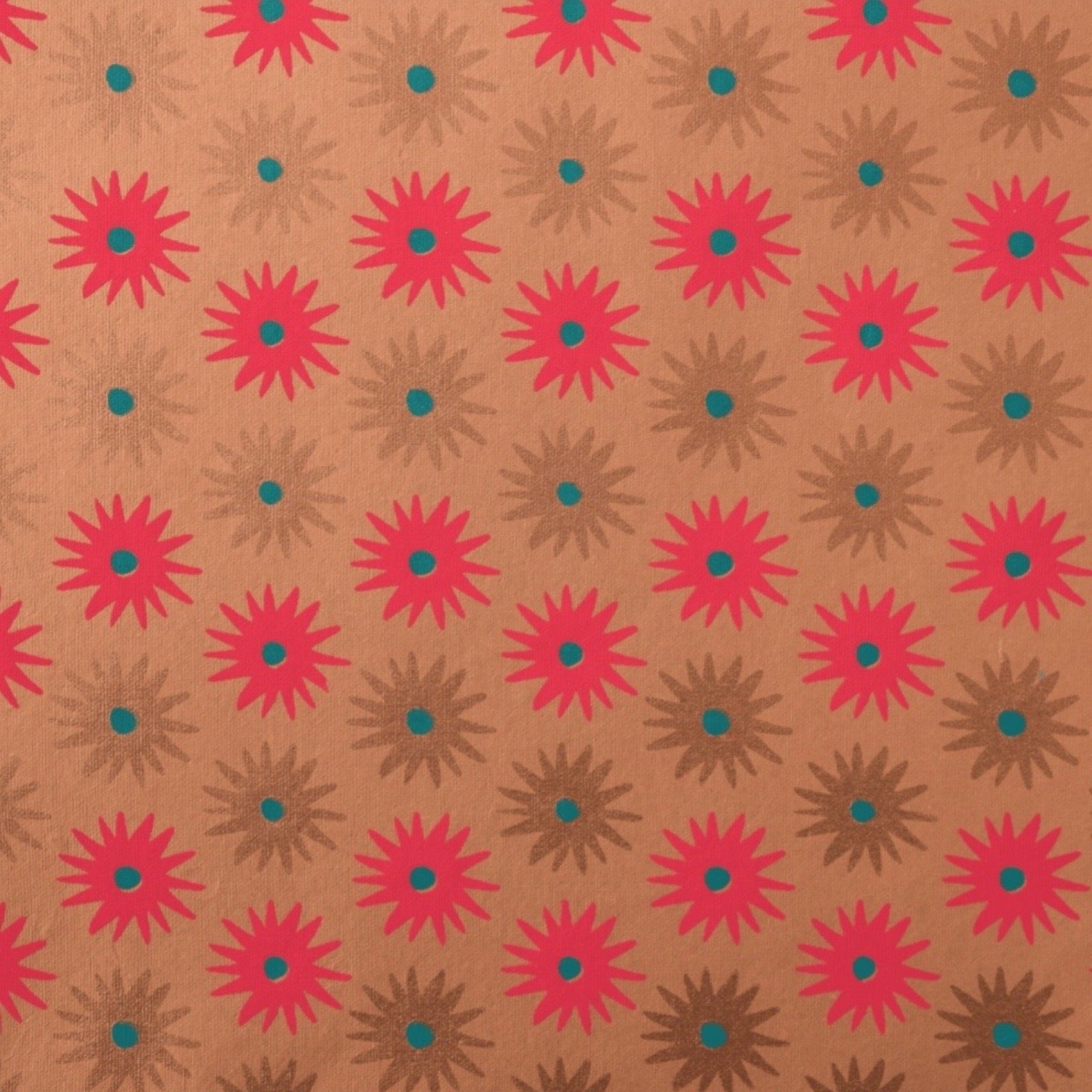 Pattern of pink flowers with brown centres on a brown background.