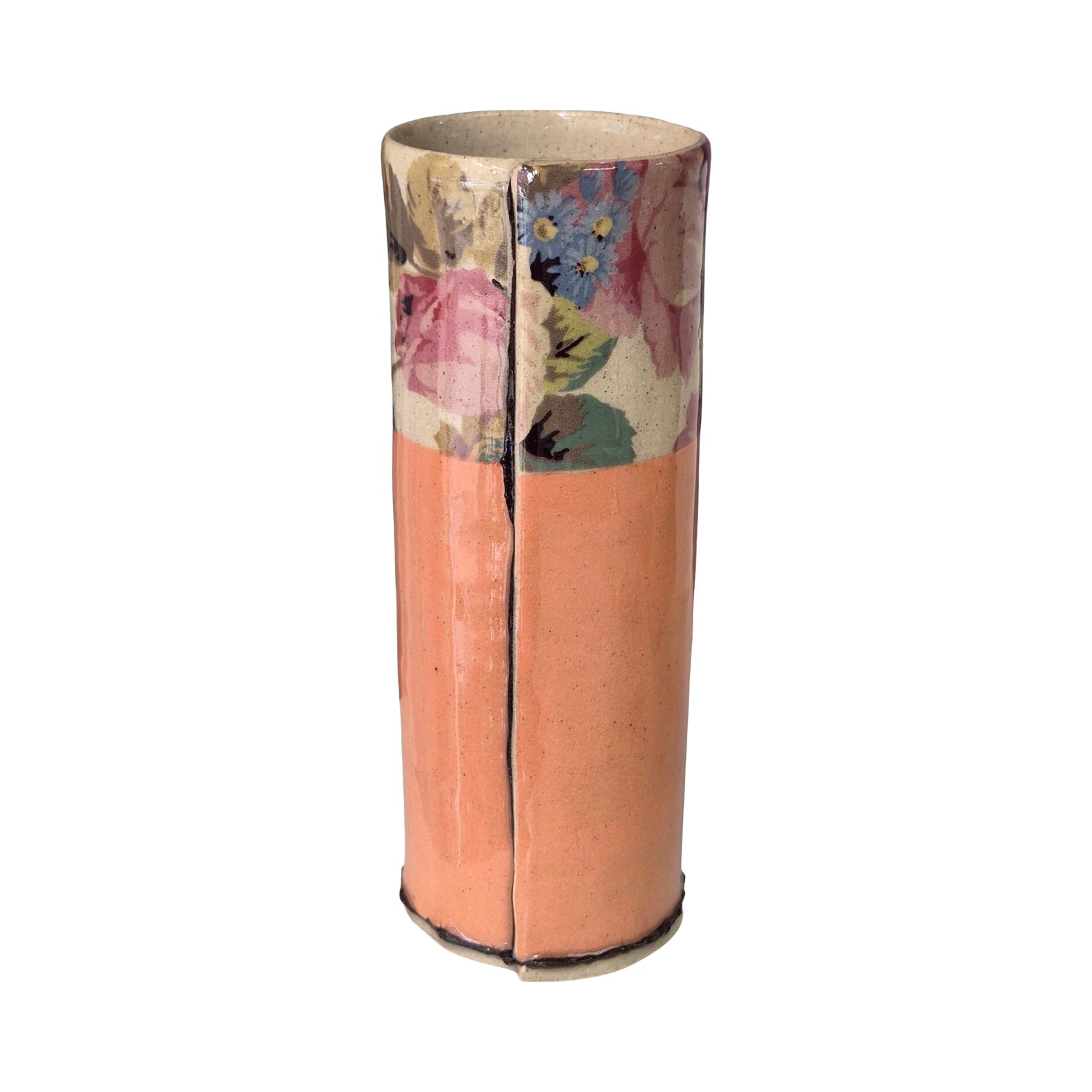 Cylindrical vase with floral and abstract design on a white background.