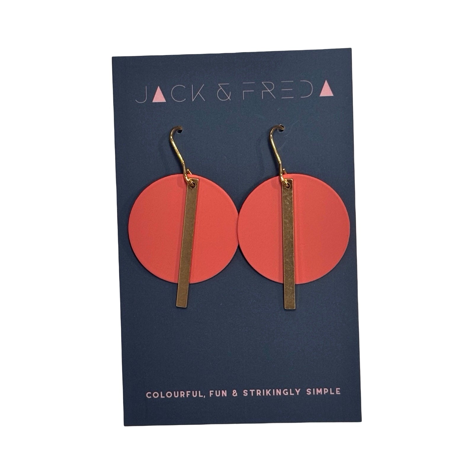 Pair of earrings on a Jack & Fred branded card with a blue background.