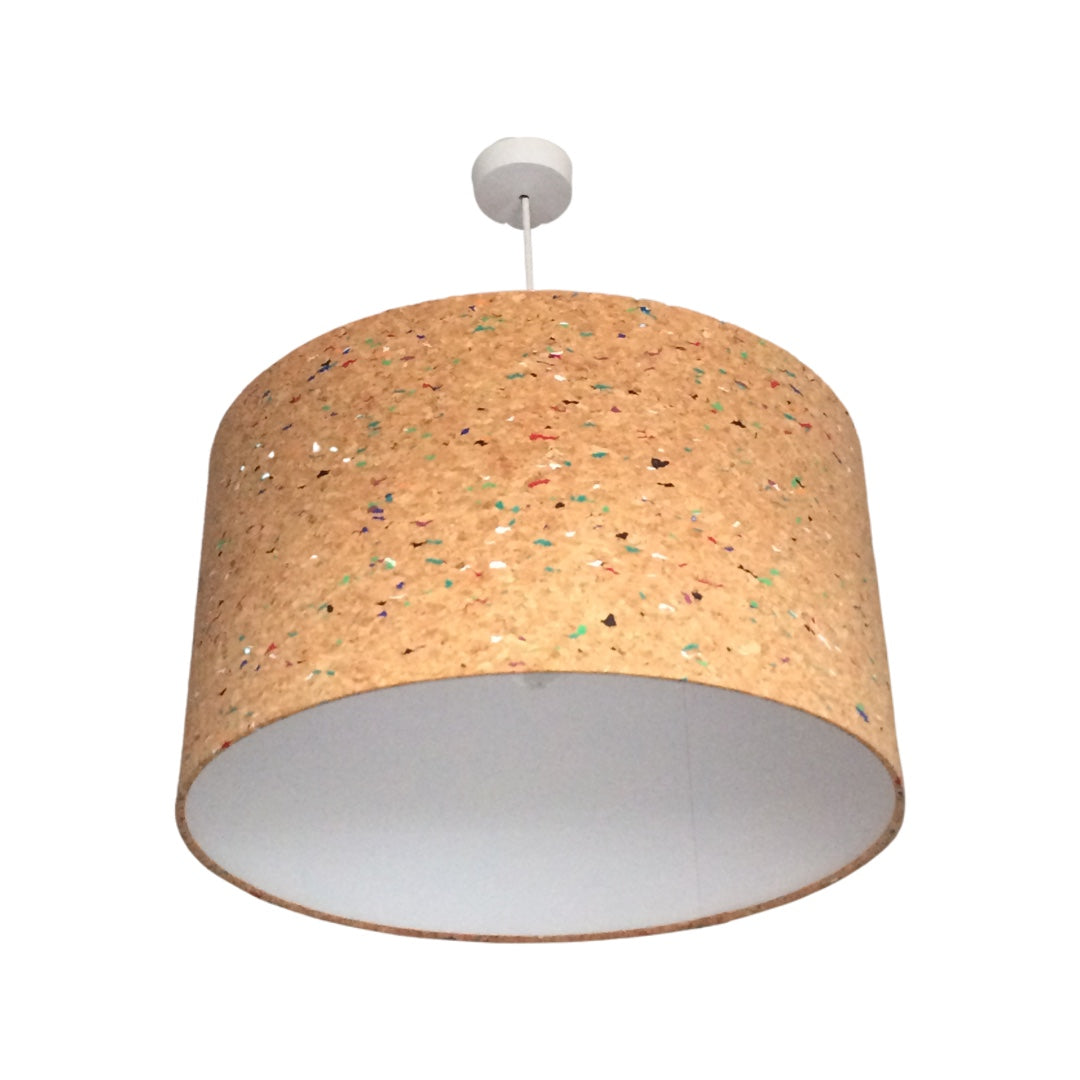 Cork drum lampshade with multicoloured paint speckles