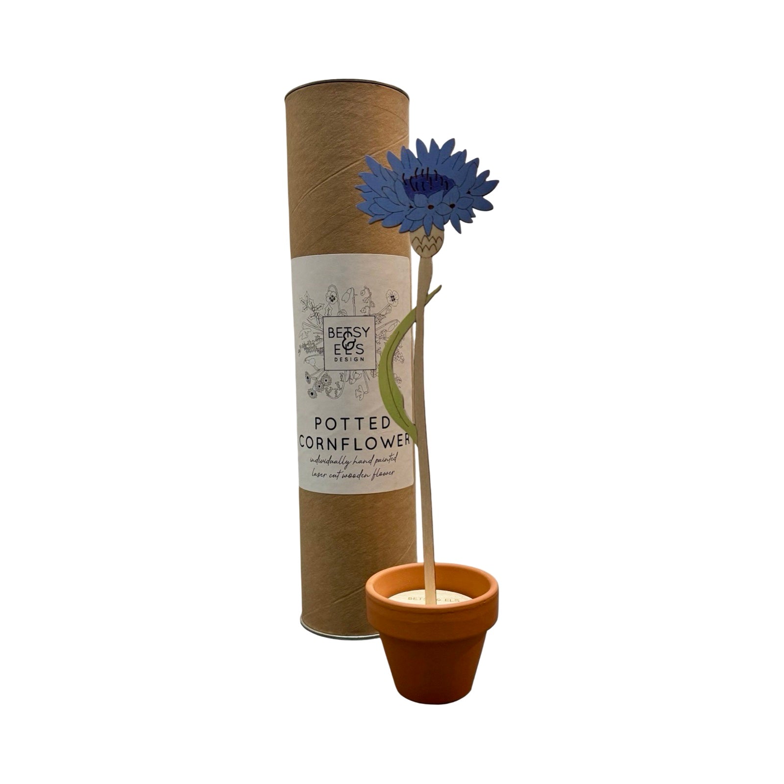 A single blue cornflower on a wooden stem in a terracotta pot next to a branded cardboard tube.