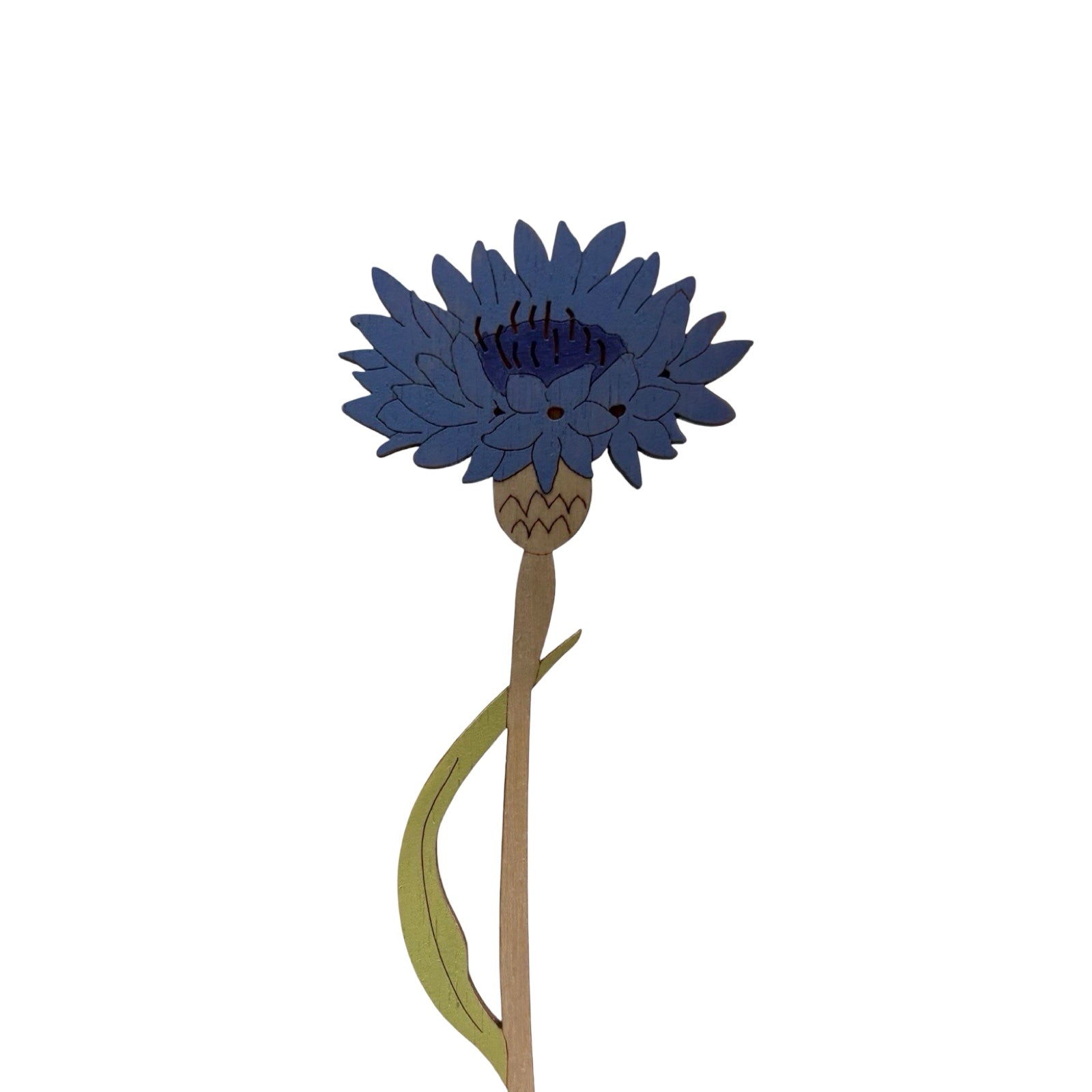 A single blue wooden cornflower on a wooden stem.