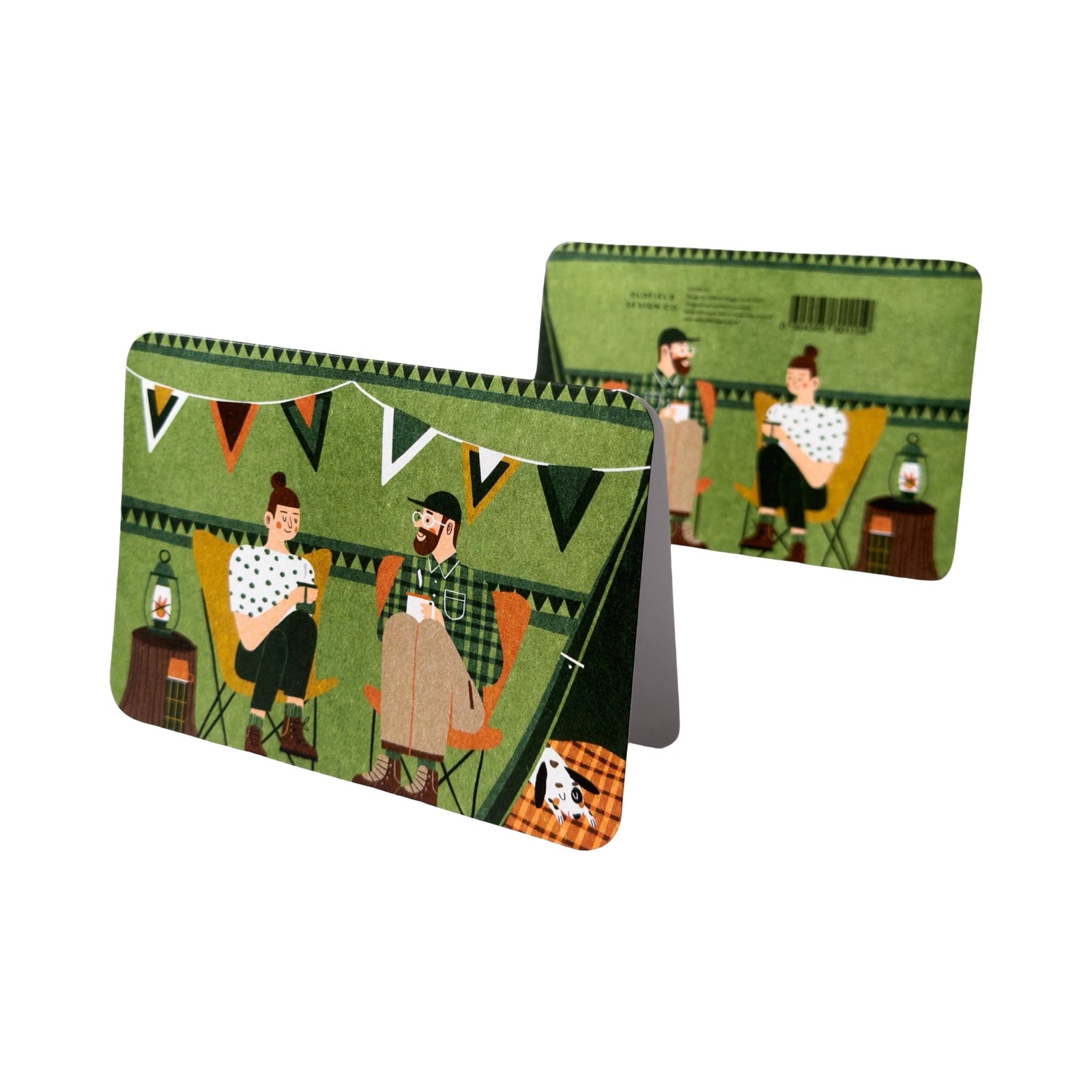 This art card features a couple sitting outside their tent having a cuppa.