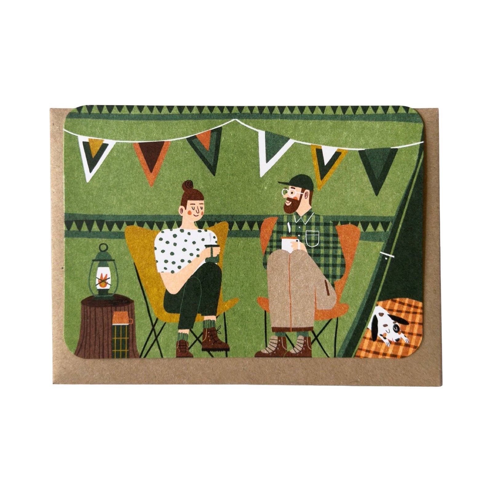 This art card features a couple sitting outside their tent having a cuppa.