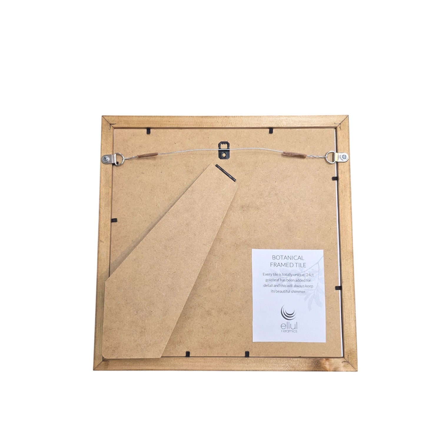 Back of a wooden picture frame with a label on a white background