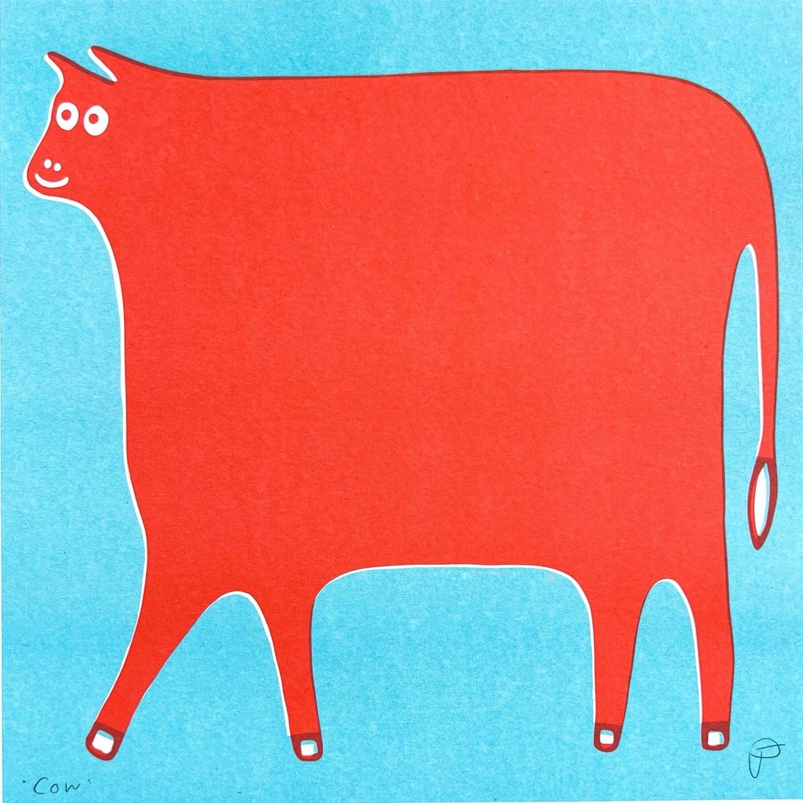 Red cow illustration on a blue background.