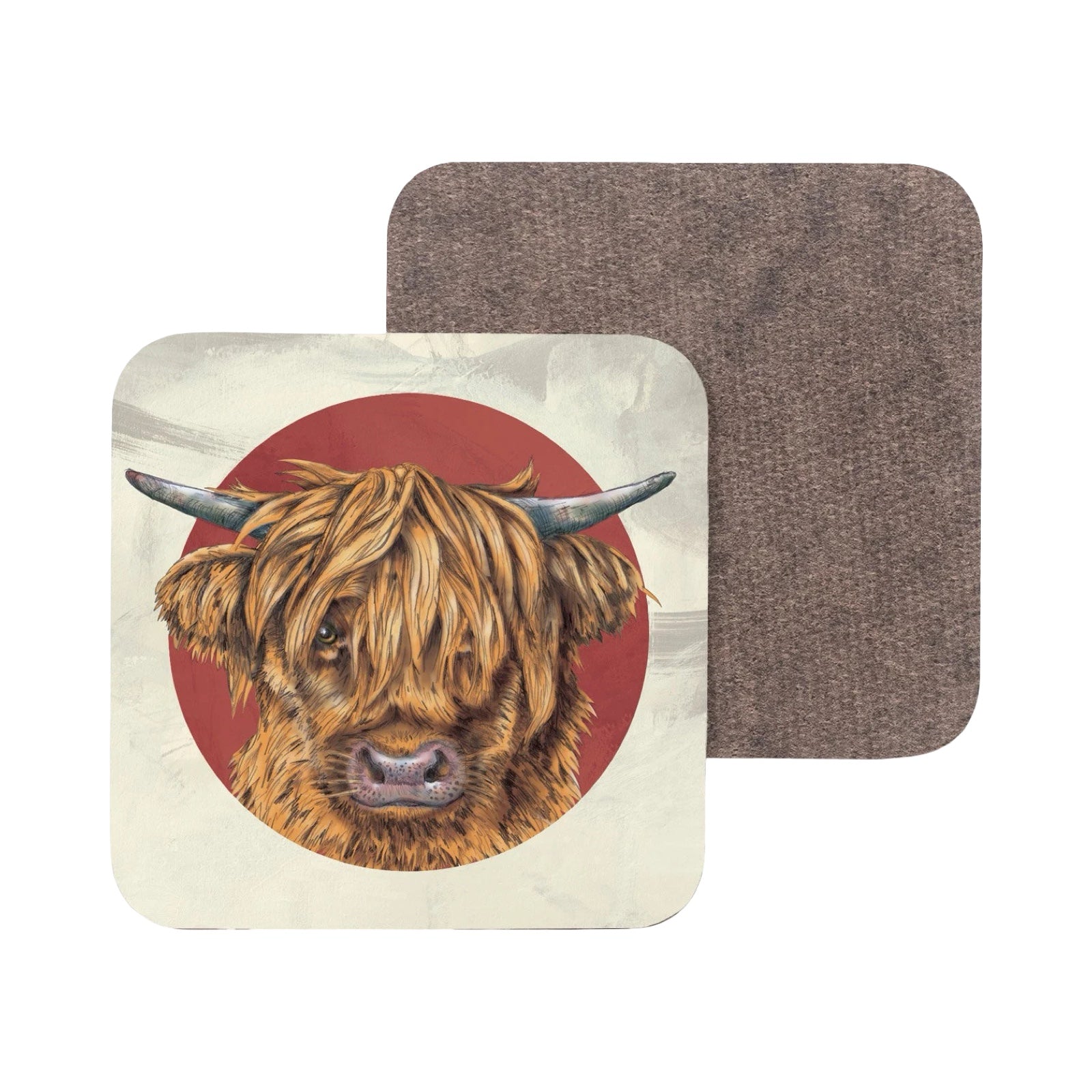 A drink coaster featuring an illustration of the face of a highland cow. 