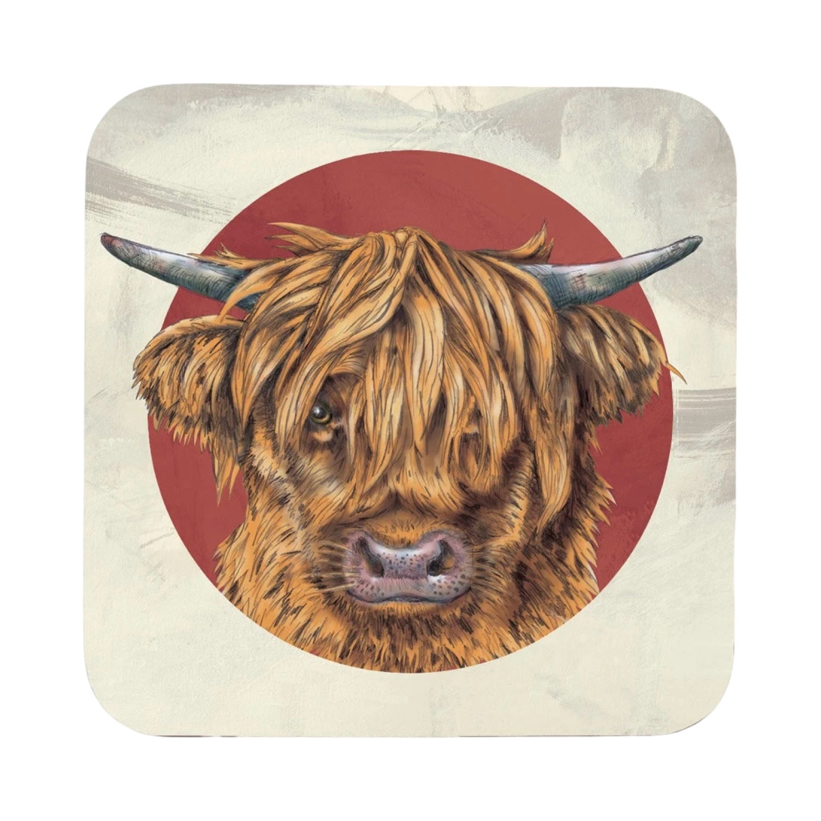 A drink coaster featuring an illustration of the face of a highland cow. 