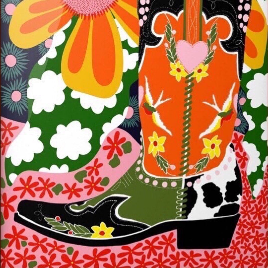 Print featuring a red, black and green cowboy boot surrounded by large yellow and orange flowers and colourful patterns.
