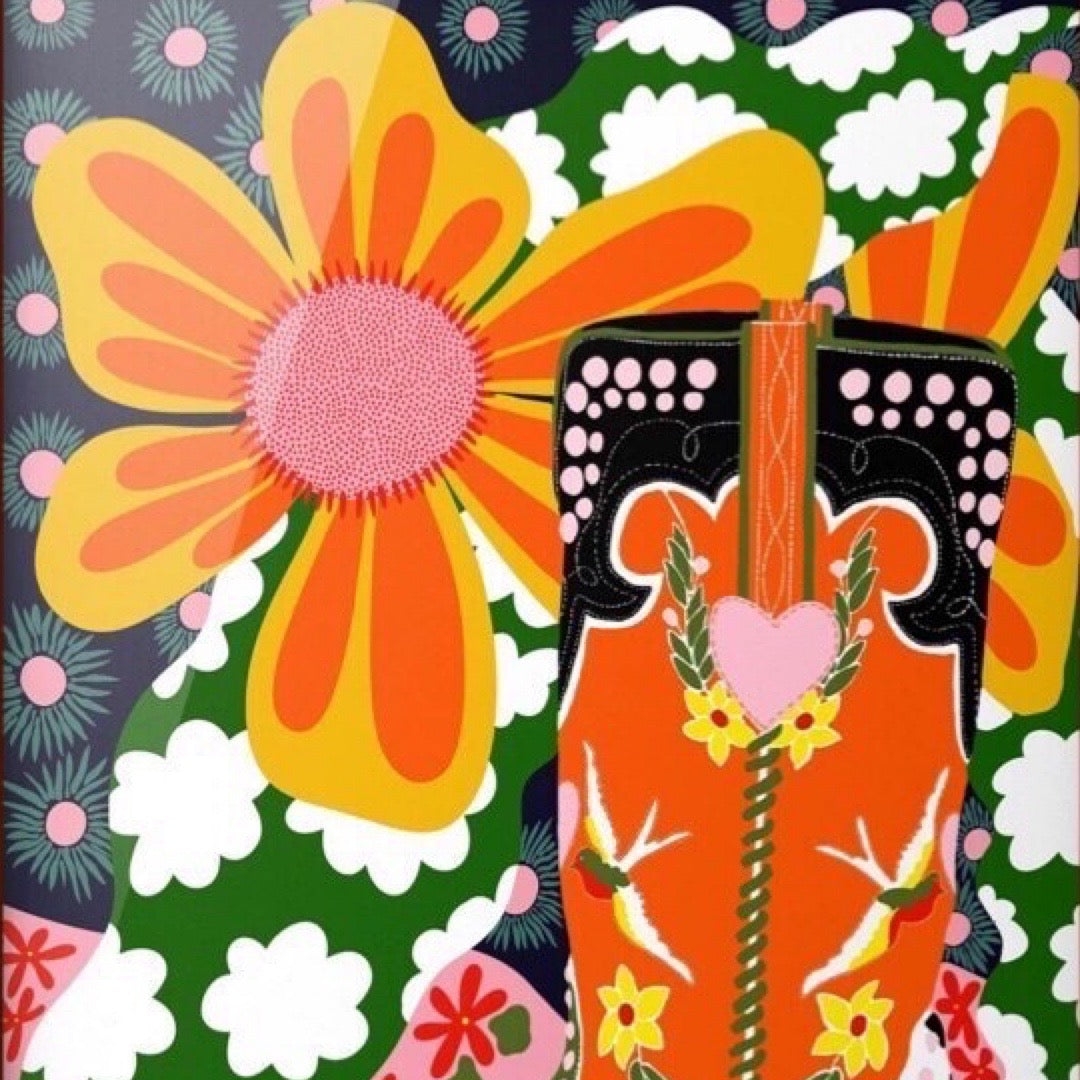 Print featuring a red, black and green cowboy boot surrounded by large yellow and orange flowers and colourful patterns.