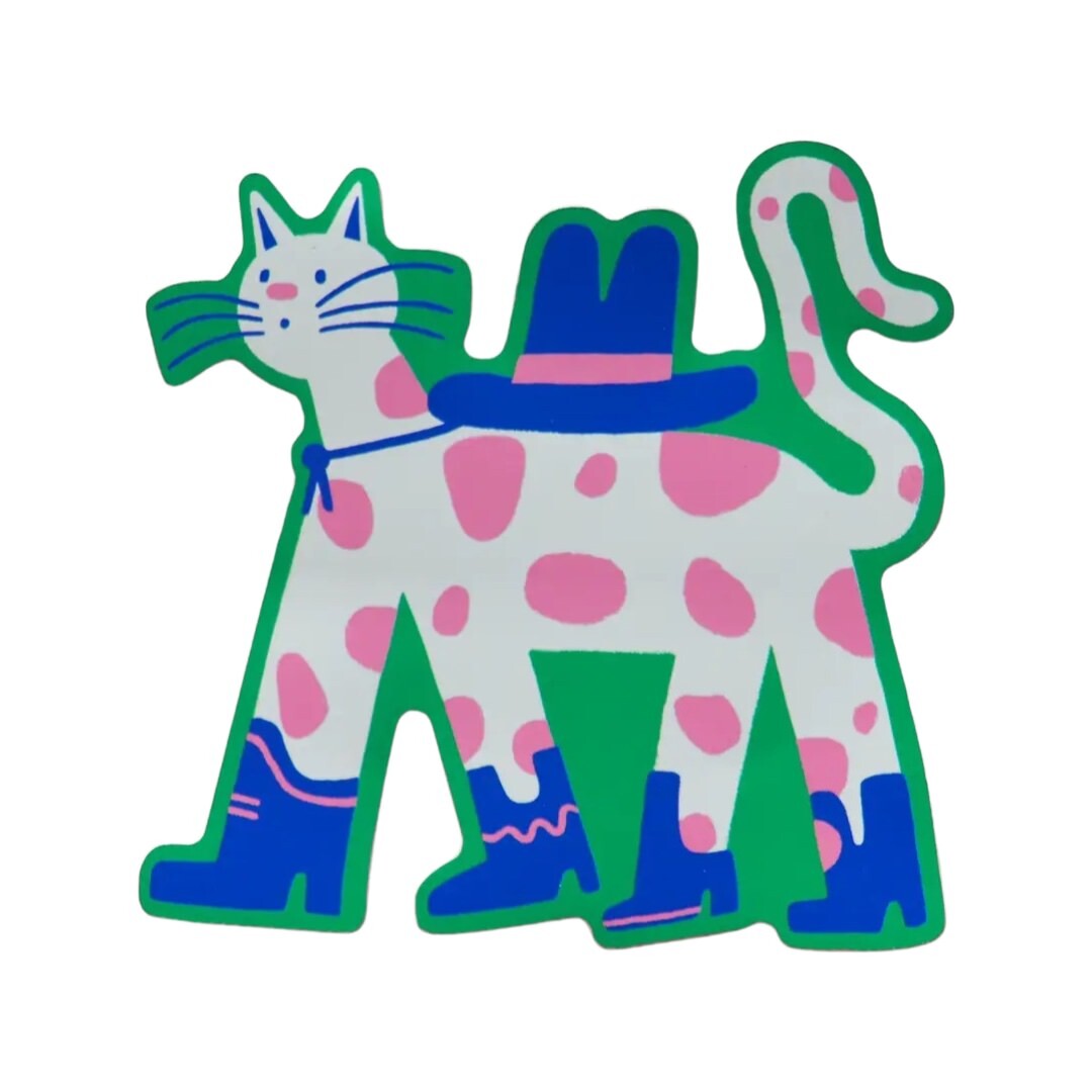 Cat sticker featuring a white cat with pink spots wearing blue cowboy boots and a blue cowboy hat.