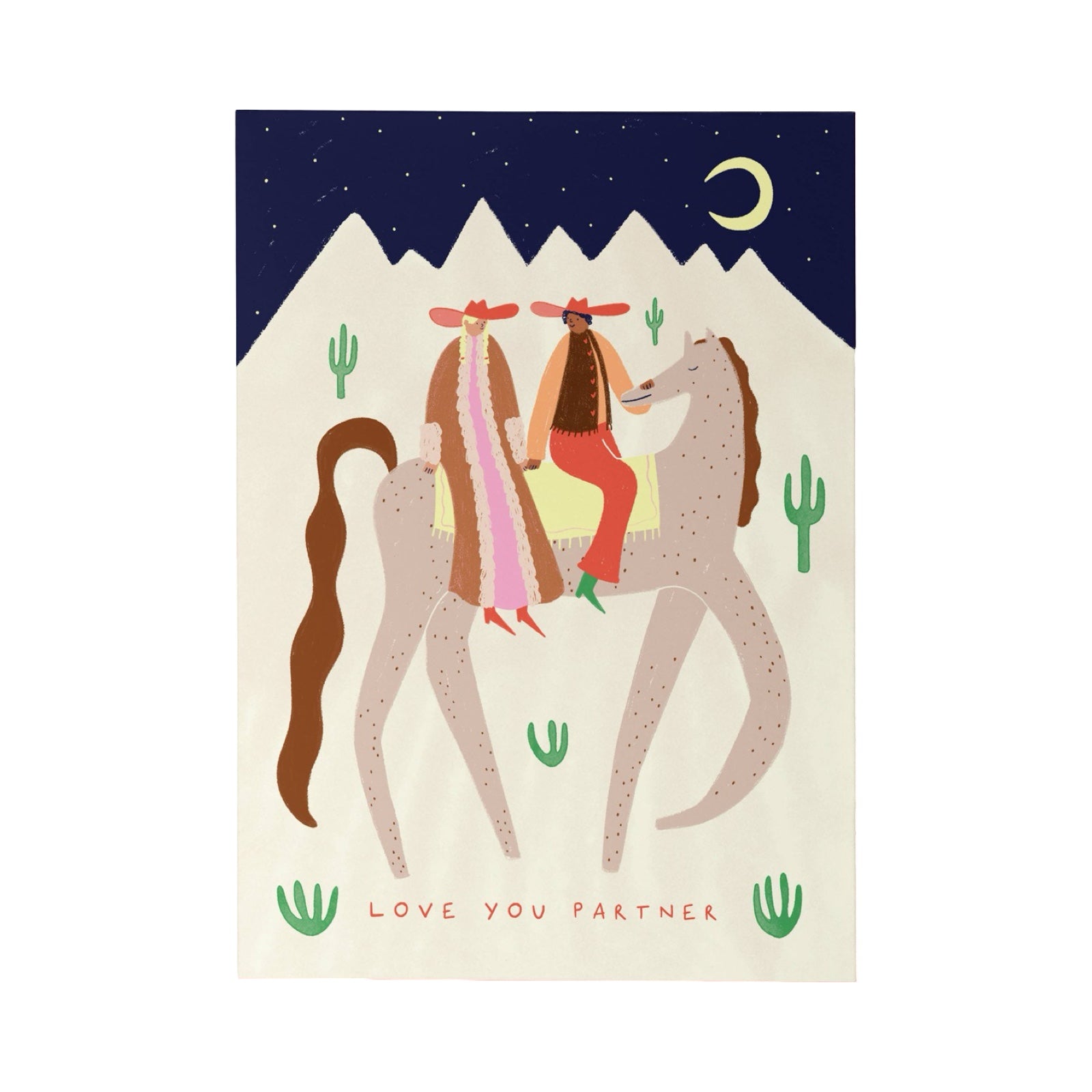 Illustration of a person riding a horse with mountains and cacti in the background, featuring the text 'Love You Partner'.