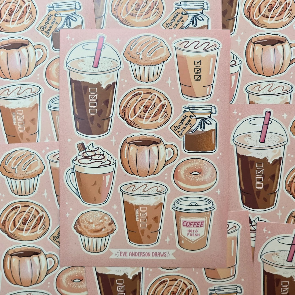 Sticker sheet featuring 11 individual coffee-themed stickers. 
