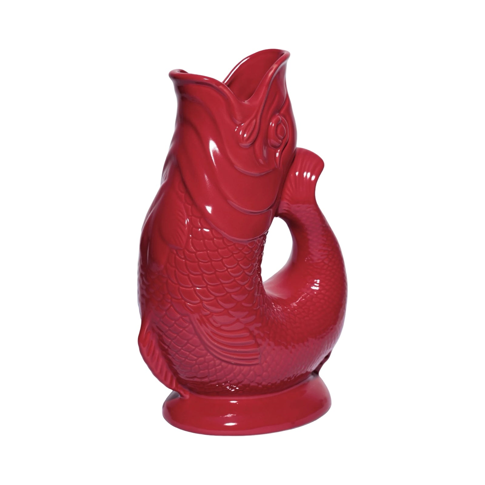 The classic cranberry red fish-shaped Gluggle Jug that makes a gurgling noise as you pour, or you can use it as a retro vase. 