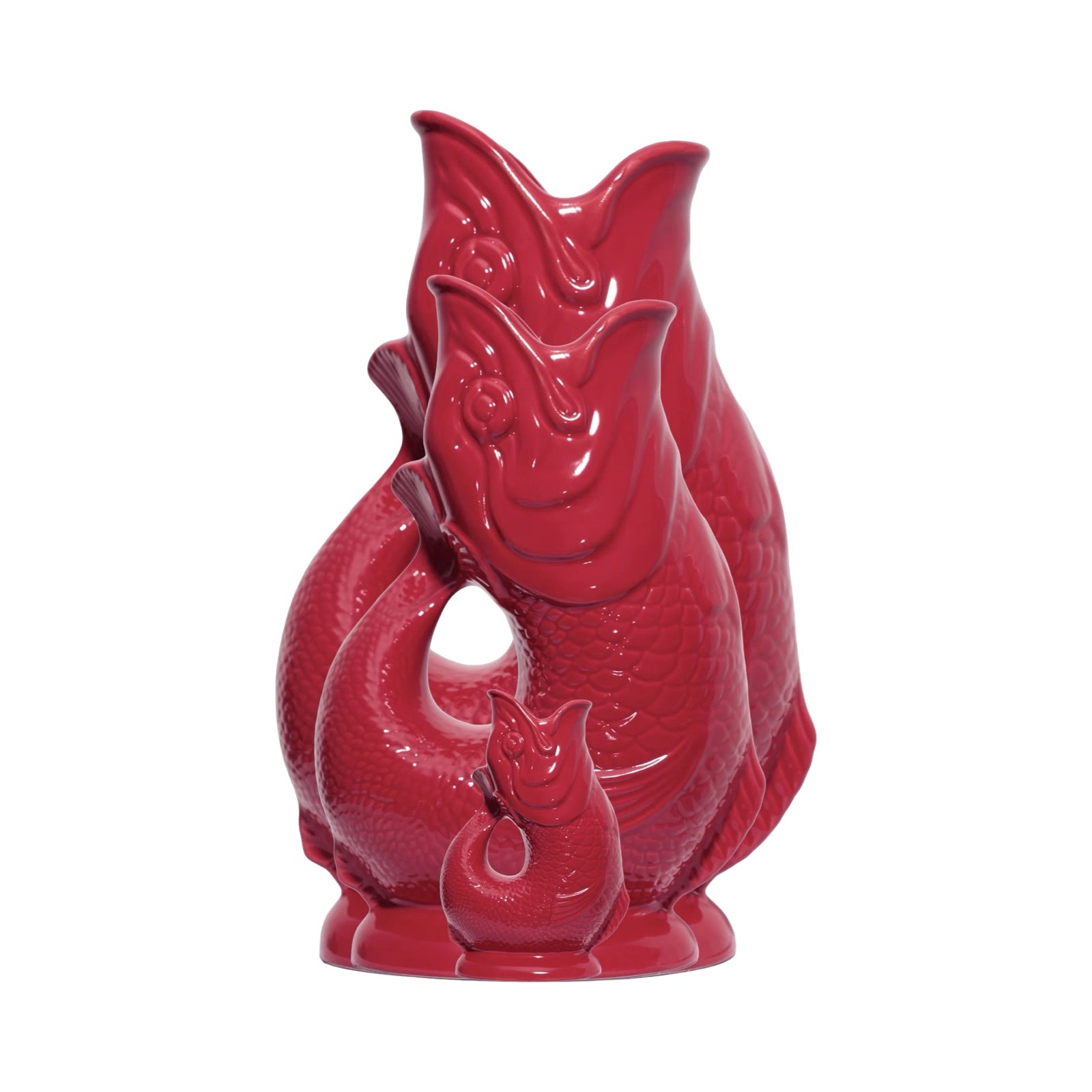 The classic cranberry red fish-shaped Gluggle Jug that makes a gurgling noise as you pour, or you can use it as a retro vase. 