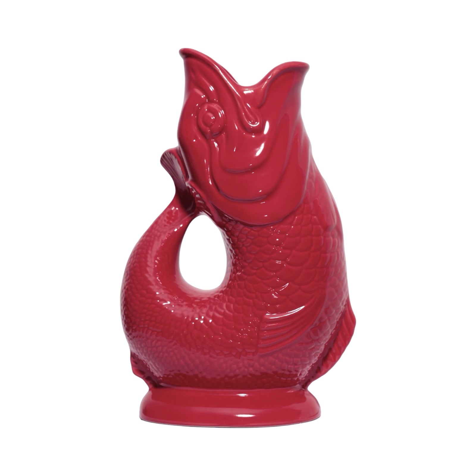 The classic cranberry red fish-shaped Gluggle Jug that makes a gurgling noise as you pour, or you can use it as a retro vase. 