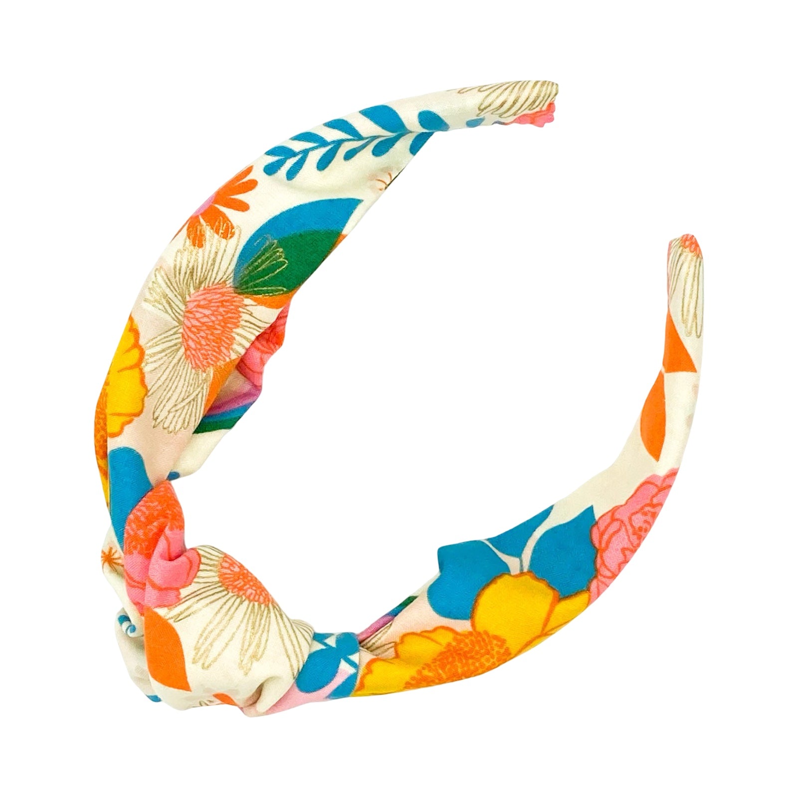 Cream top-knot Alice band with yellow, turquoise, pink and red flowers.