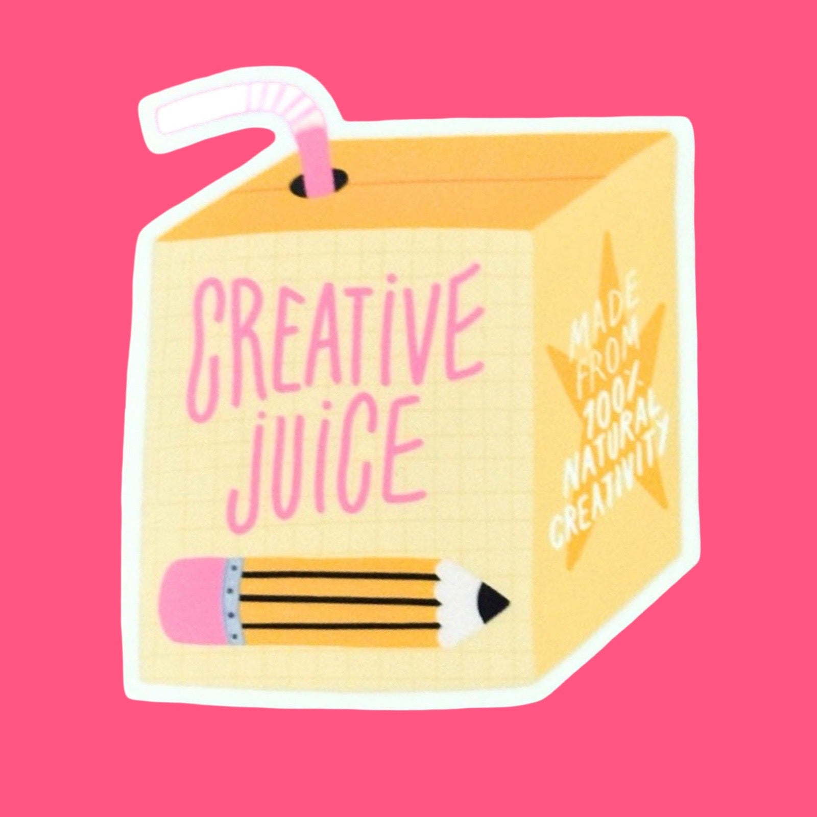 Yellow juice box sticker with the text 'Creative Juice' with a pencil illustration on a pink background.