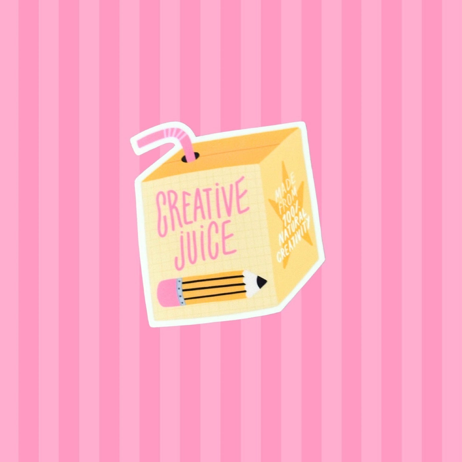 Cartoon juice box sticker labeled 'Creative Juice' with a pencil on a pink striped background.