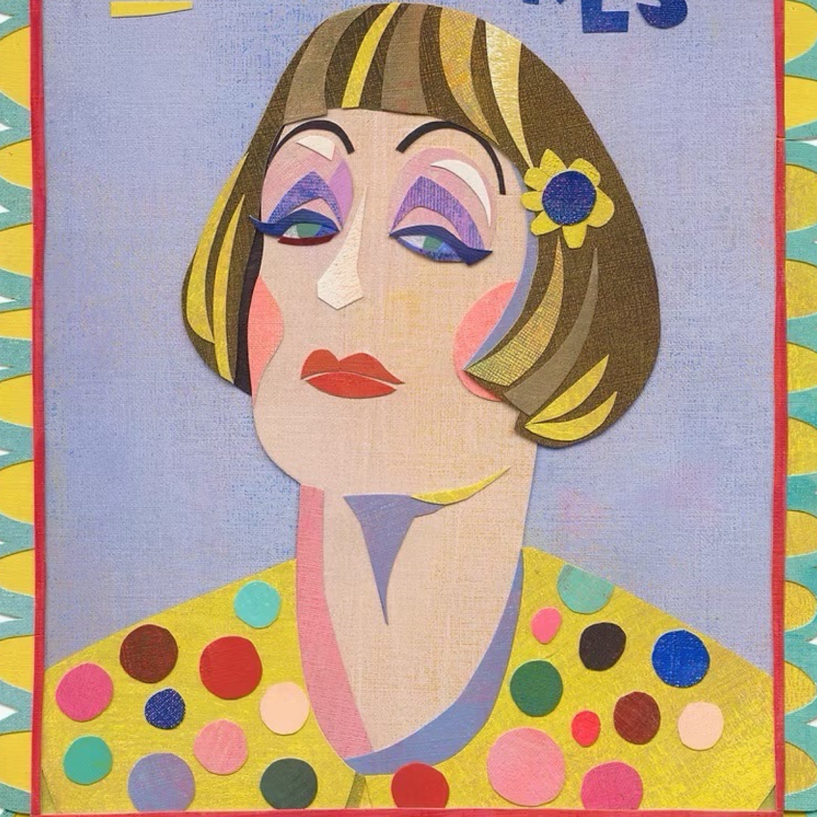 Colorful illustration of a woman's face with polka dot patterns on a blue background.