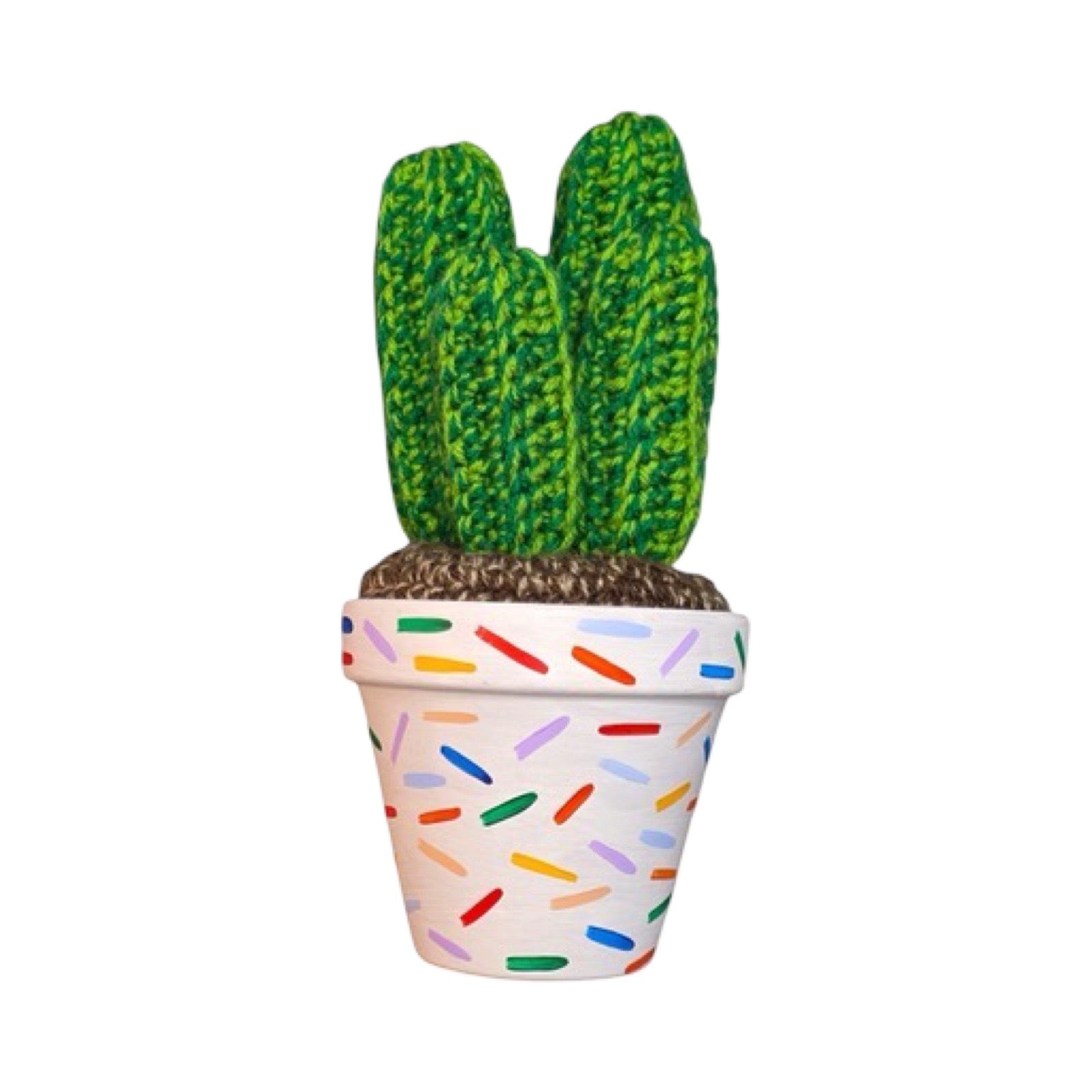 Large crochet cactus with four stems in a white hand painted pot with confetti design.