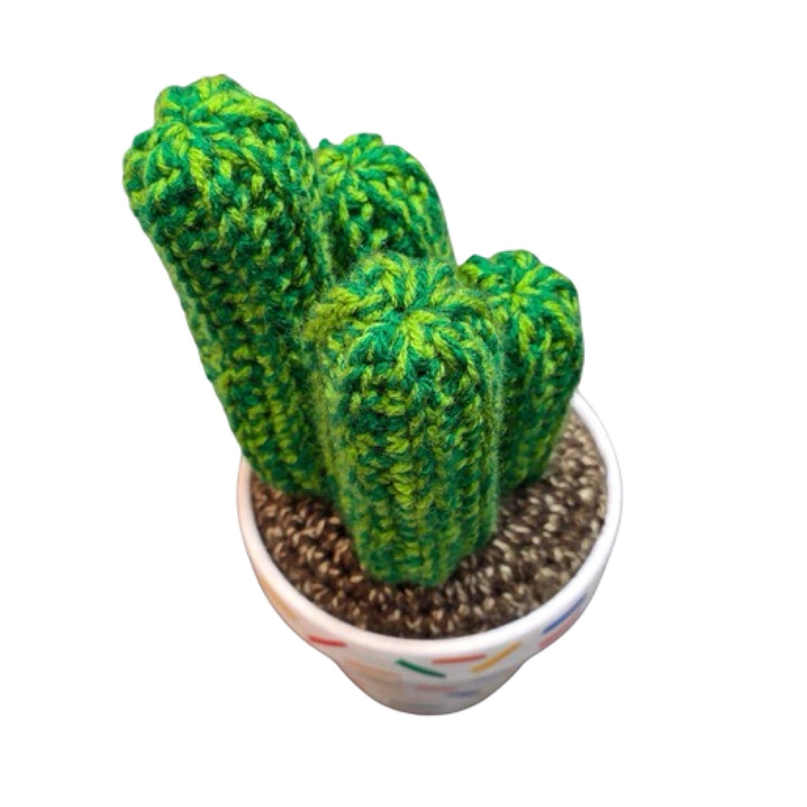 Large crochet cactus with four stems in a white hand painted pot with confetti design.