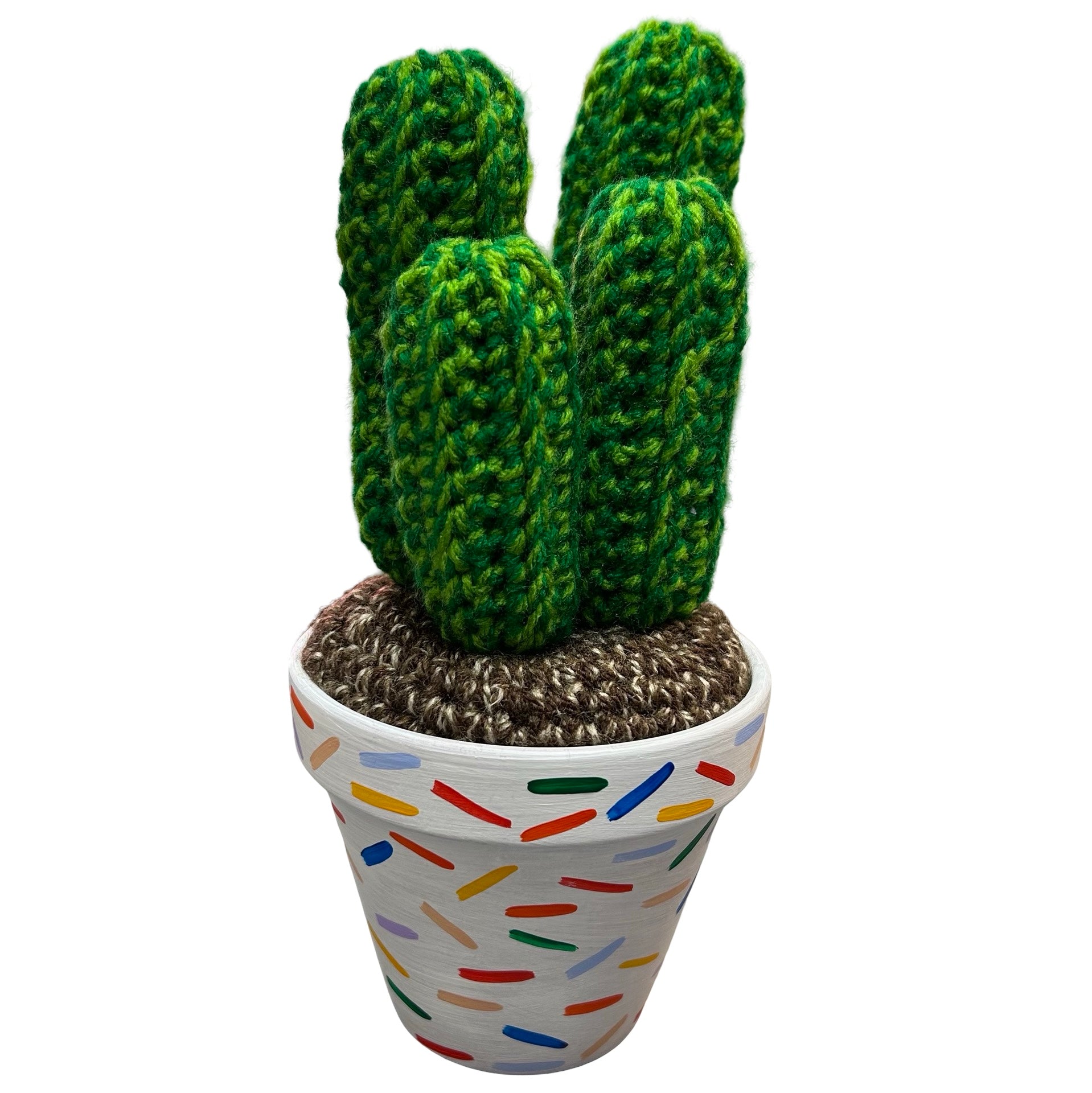Large crochet cactus with four stems in a white hand painted pot with confetti design.