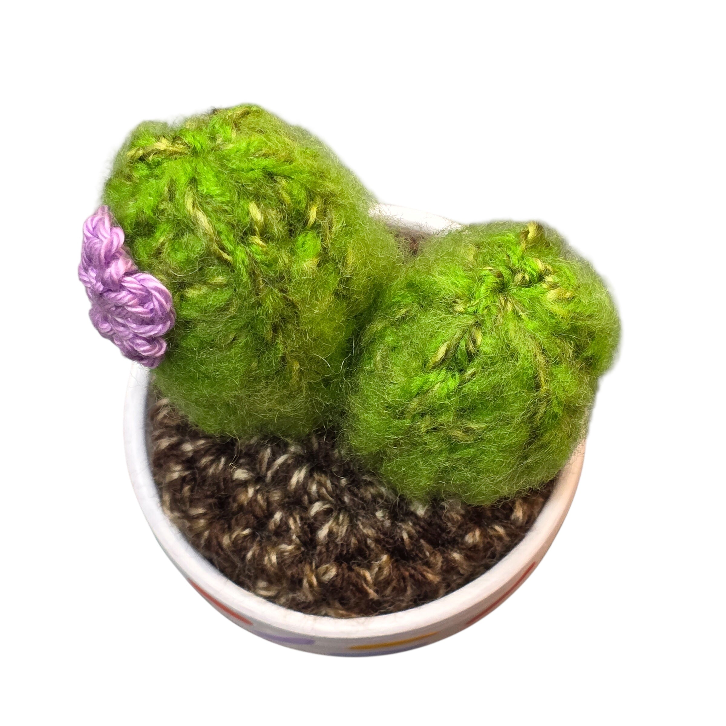 An image of a crochet cactus with a purple flower in a handprinted pot. 