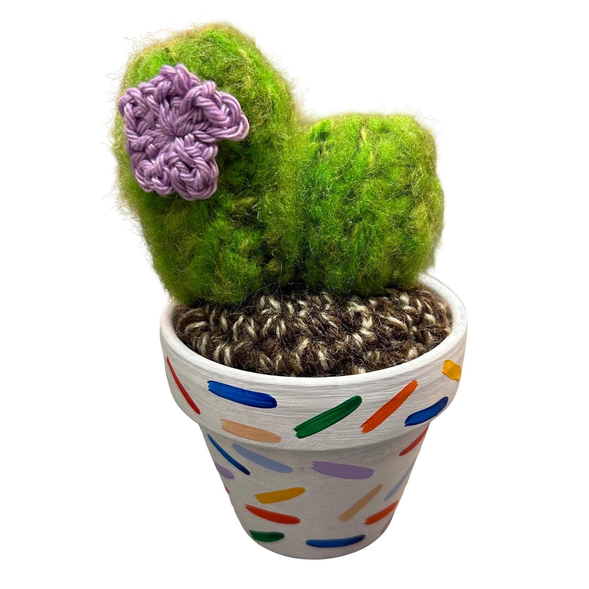 Small double stem crochet cactus with a purple flower.  The cactus is in a white hand painted pot with a colourful confetti design