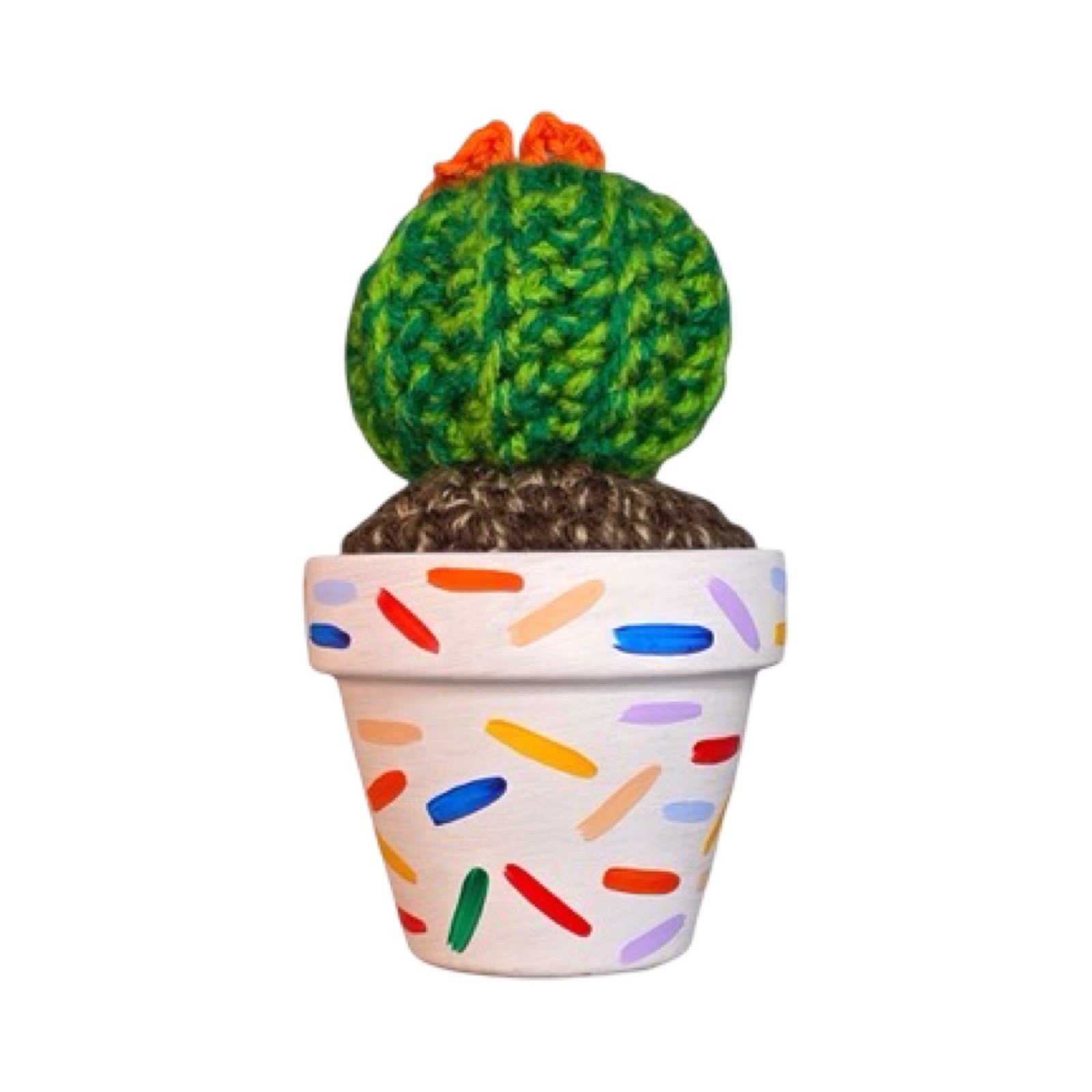 Small round crochet cactus with an orange flower in a white pot with a colourful confetti design.