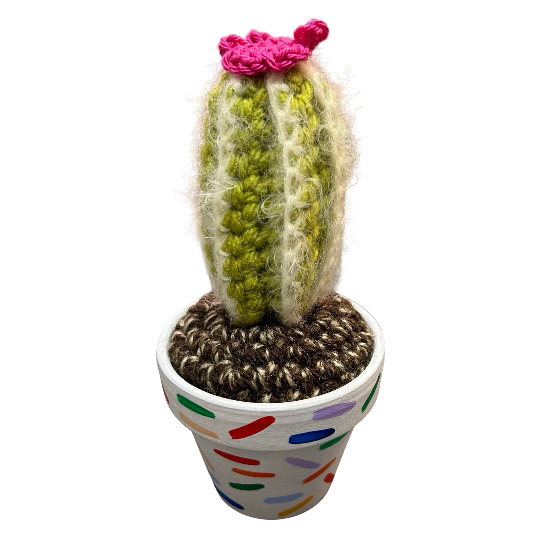 Small striped tall crochet cactus in a hand painted pot
