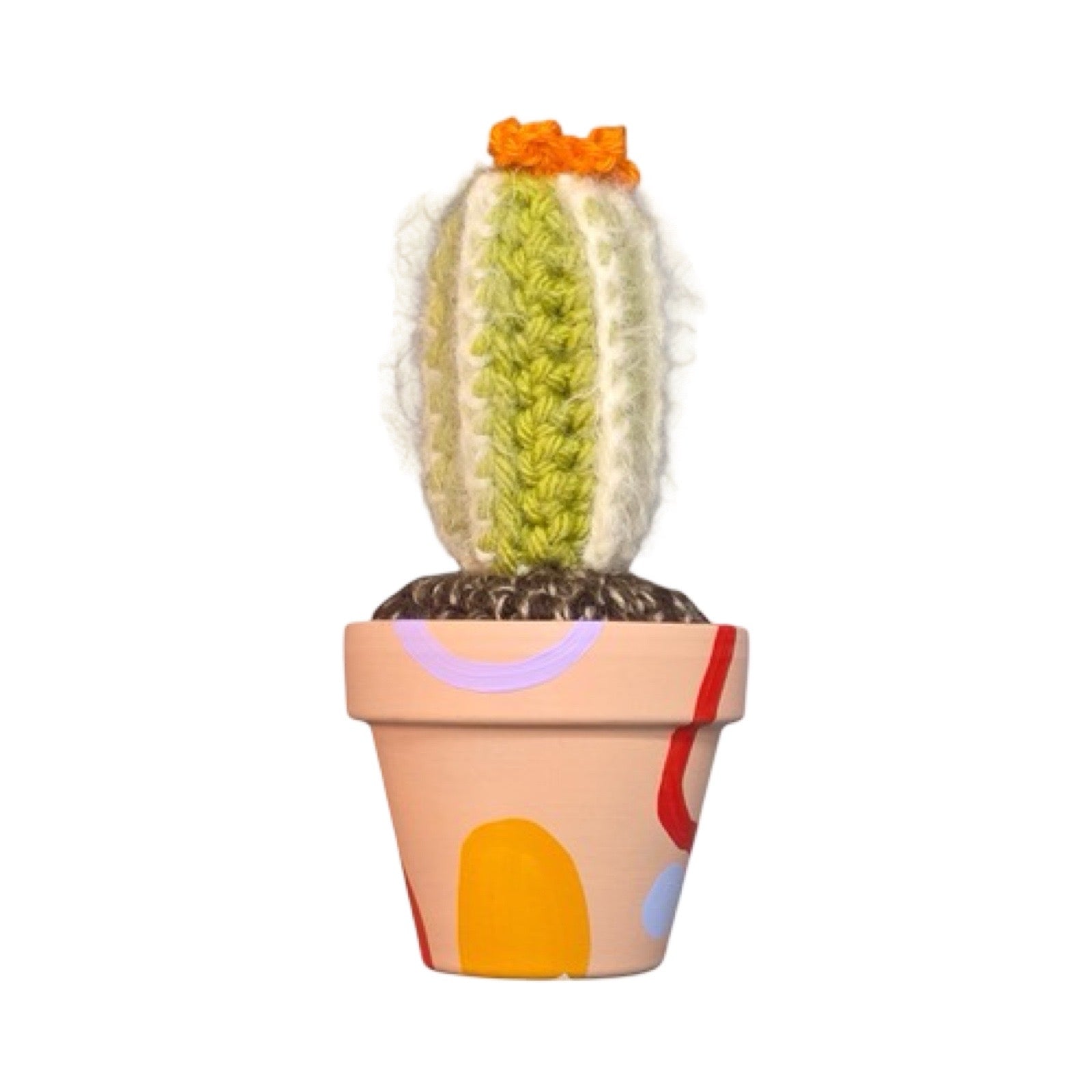 small tall striped crochet cactus with an orange flower