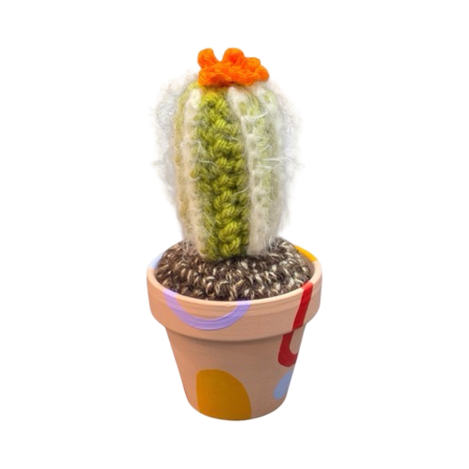 small tall striped crochet cactus with an orange flower