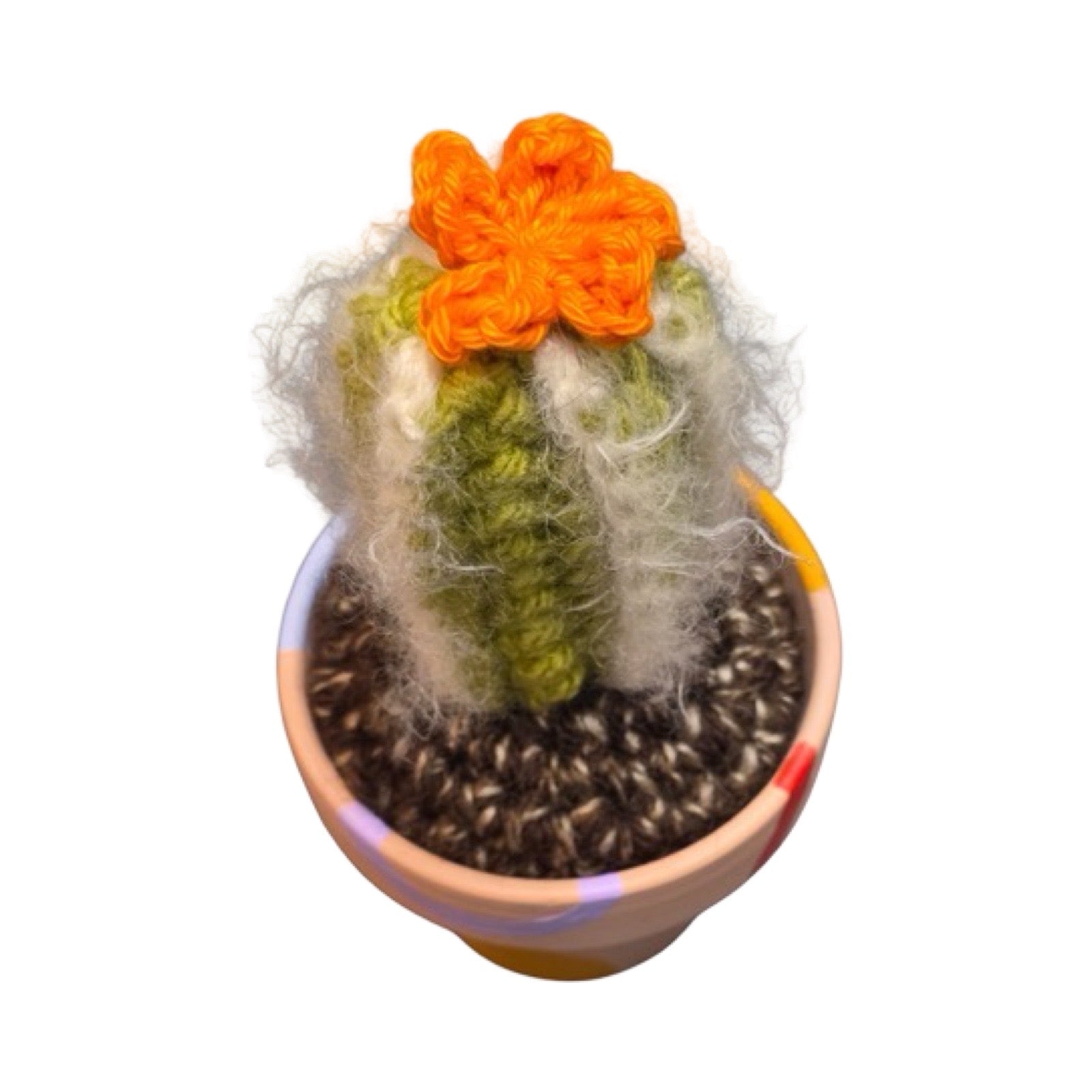 small tall striped crochet cactus with an orange flower