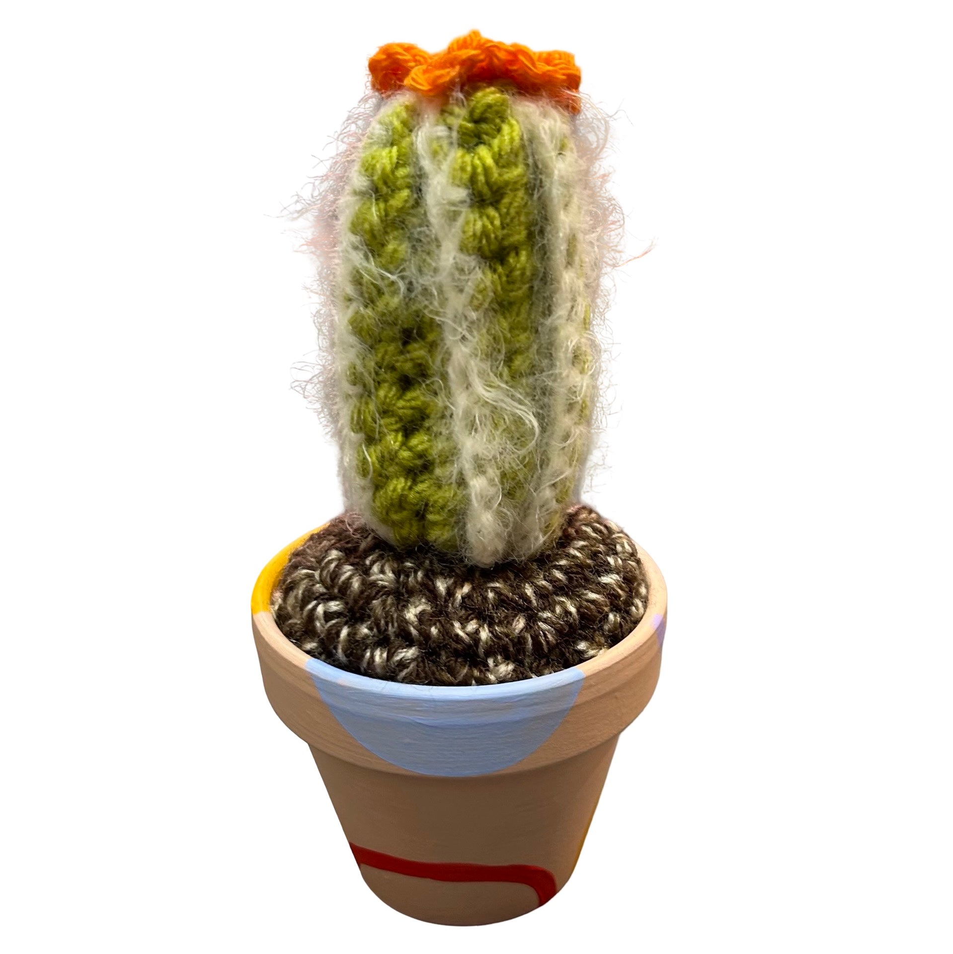 small tall striped crochet cactus with an orange flower