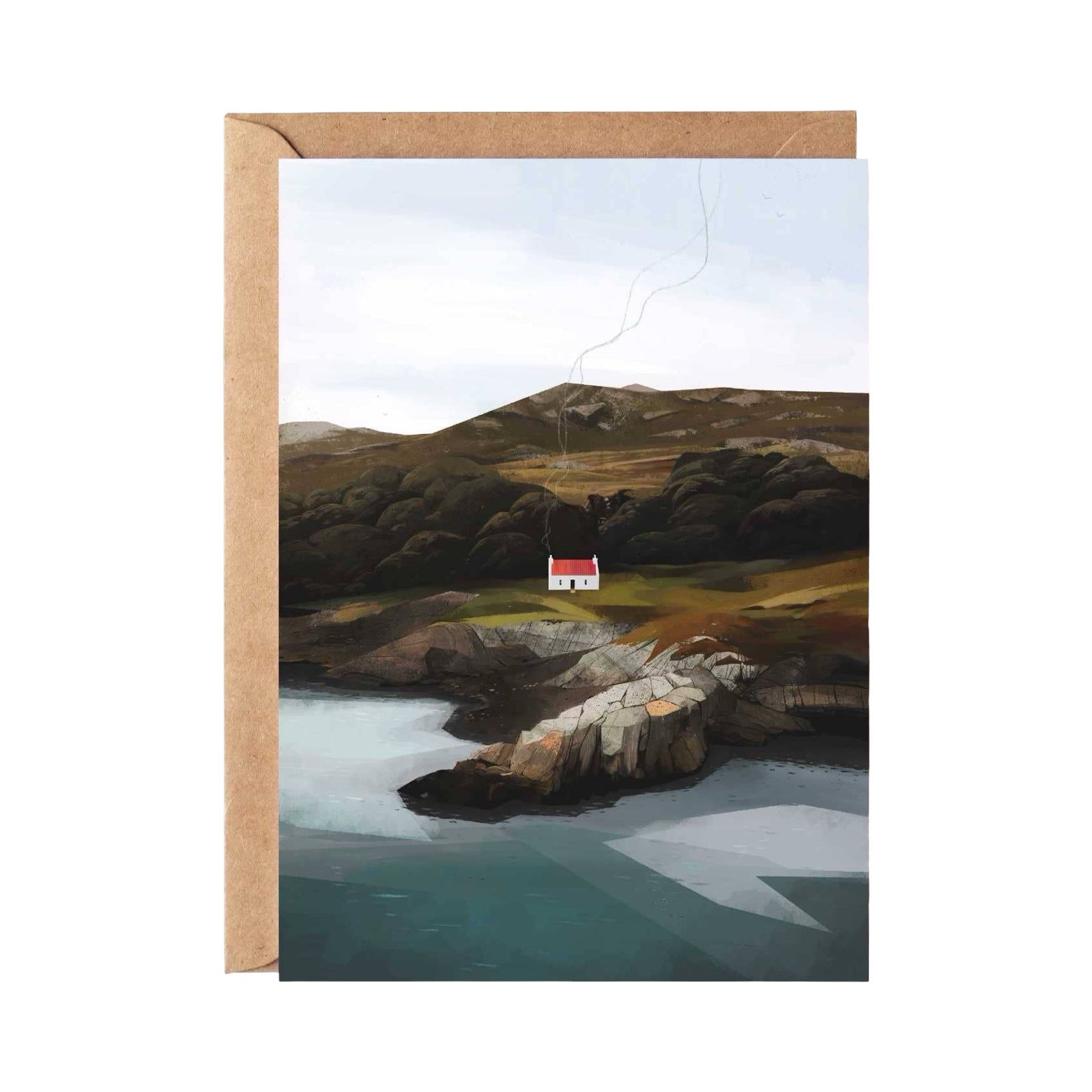 Greeting card with a scenic illustration of a house on a cliff overlooking water, with a brown envelope.