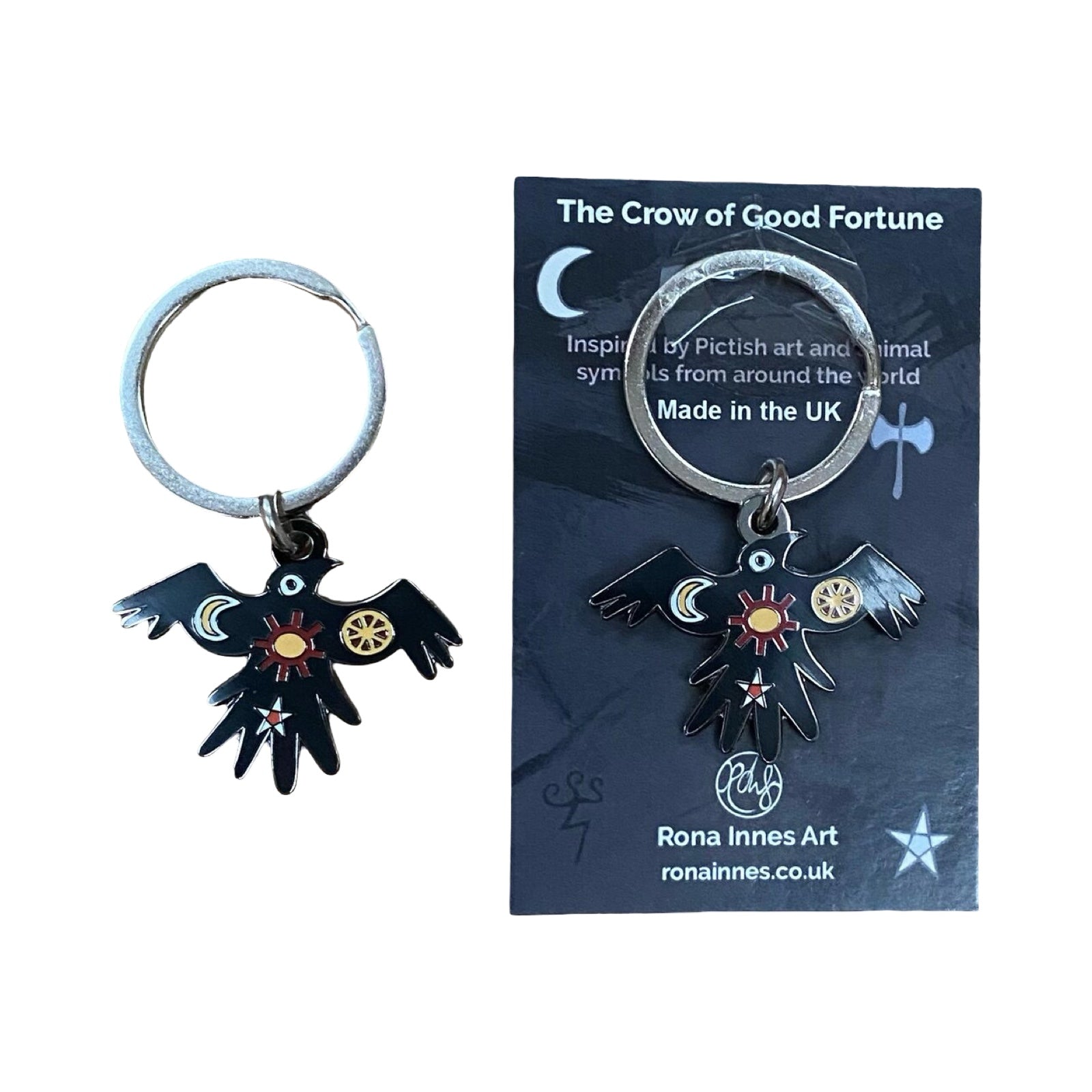 A crow-shaped enamel keyring inspired by Pictish Symbol Stone. Each keyring features a sun, a moon and a star. This keyring is made from enamel with a black nickel back.